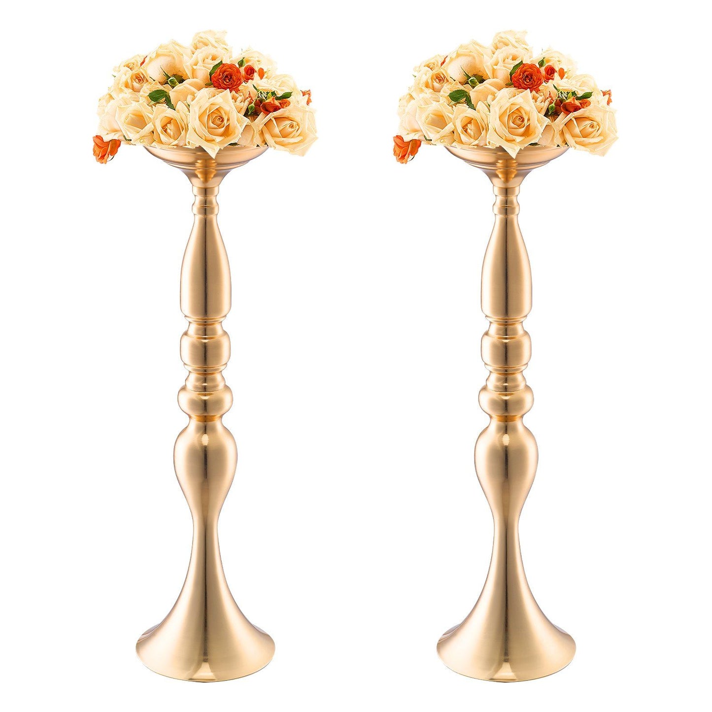 Pair of elegant gold wedding flower stands with cream and orange floral arrangements on top