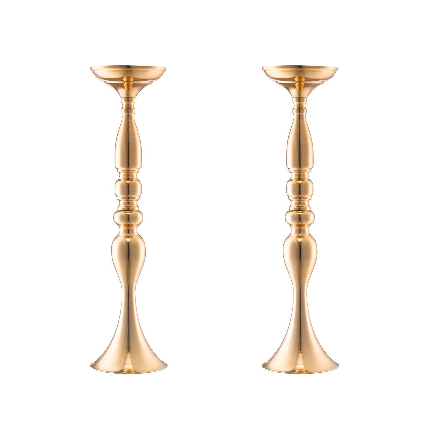 Set of two elegant gold wedding flower stands with a smooth metallic finish and ornate detailing