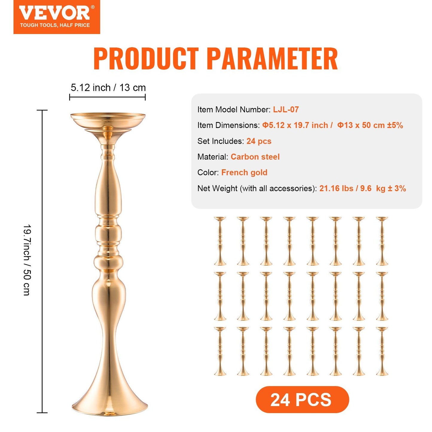 Set of 24 gold wedding flower stands made of carbon steel with 19.7 inch height and 5.12 inch top plate