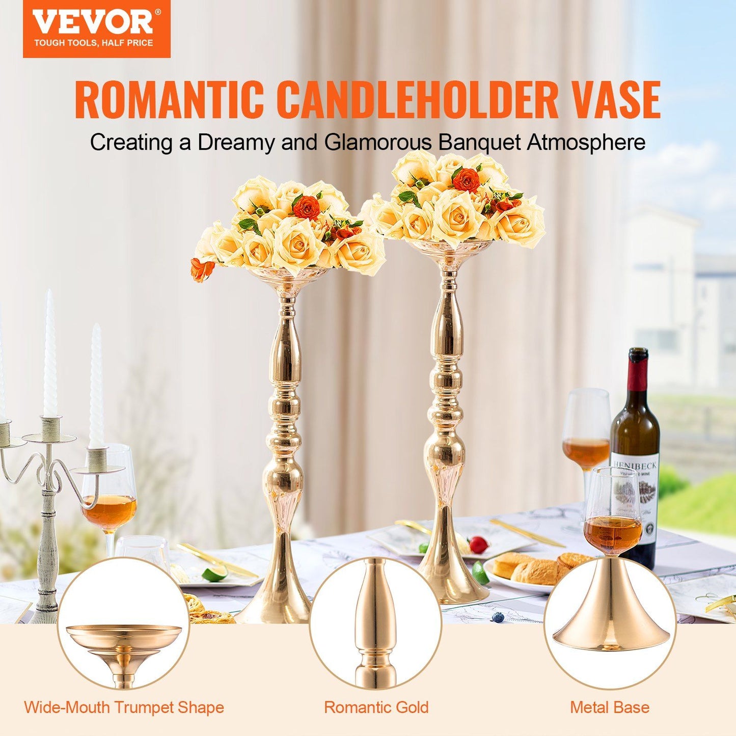 Gold wedding flower stands with romantic candleholder vase design and metal base by FauxMart.com