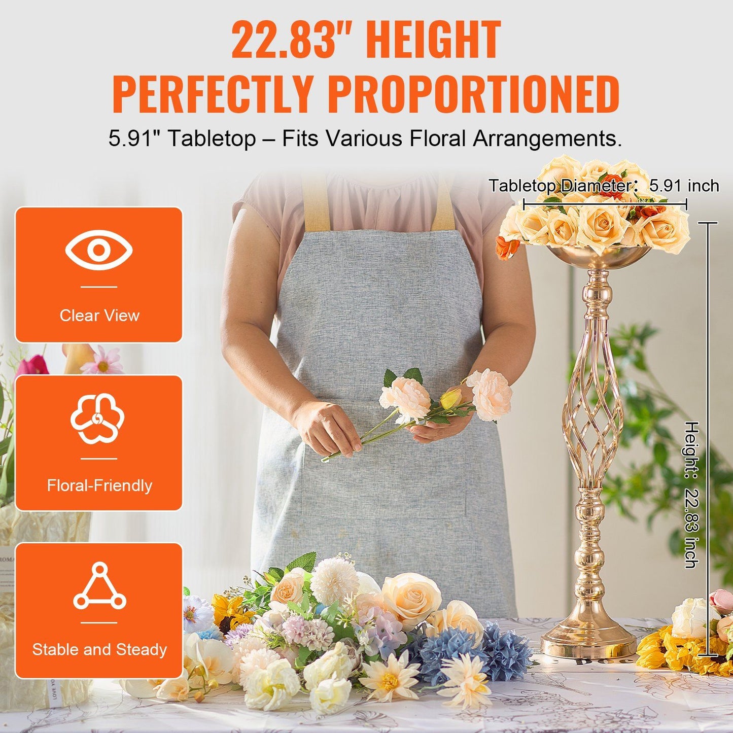 Gold wedding table flower stand with 22.83 inch height and 5.91 inch tabletop for floral arrangements