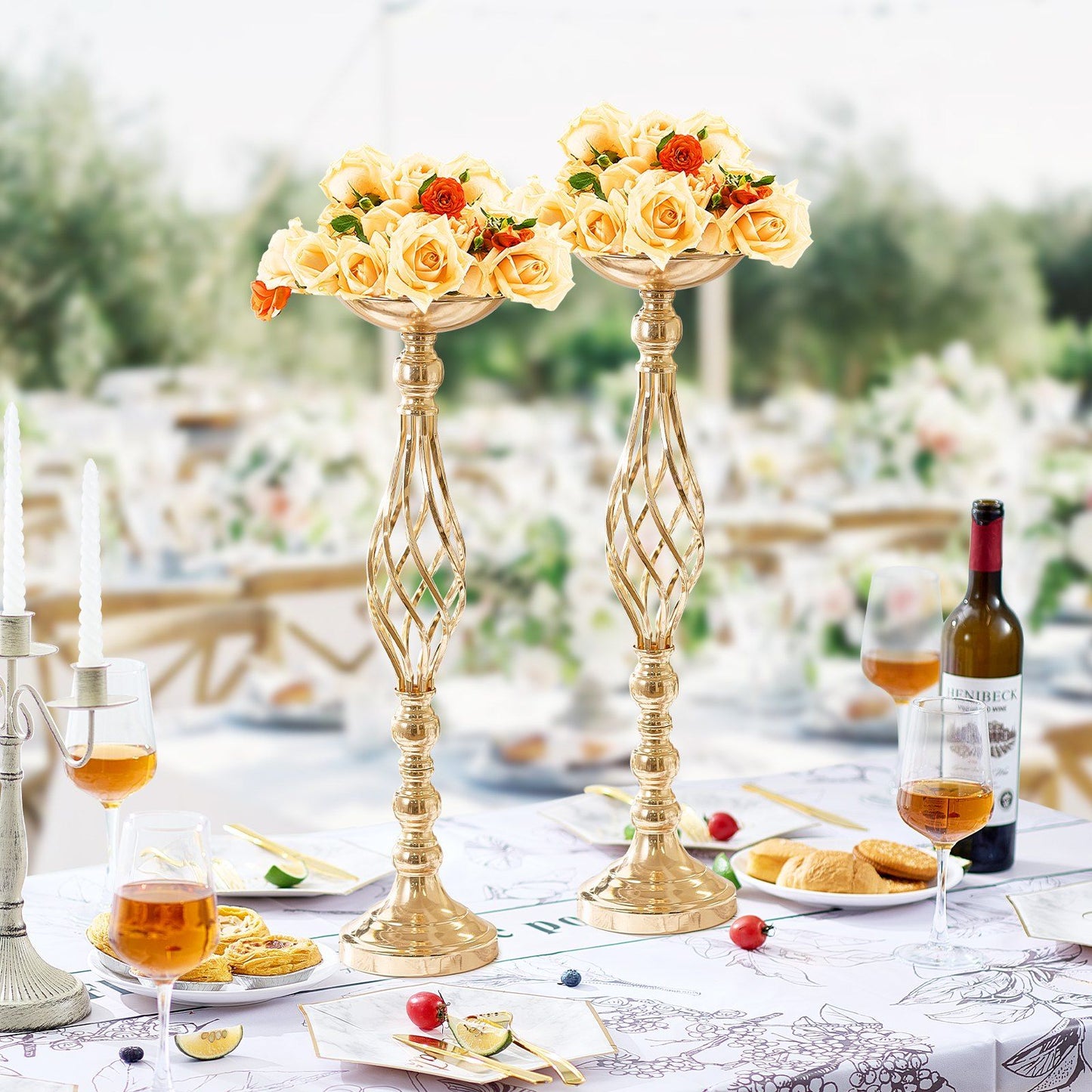 Elegant gold wedding table flower stand with cream and orange roses as centerpiece decor
