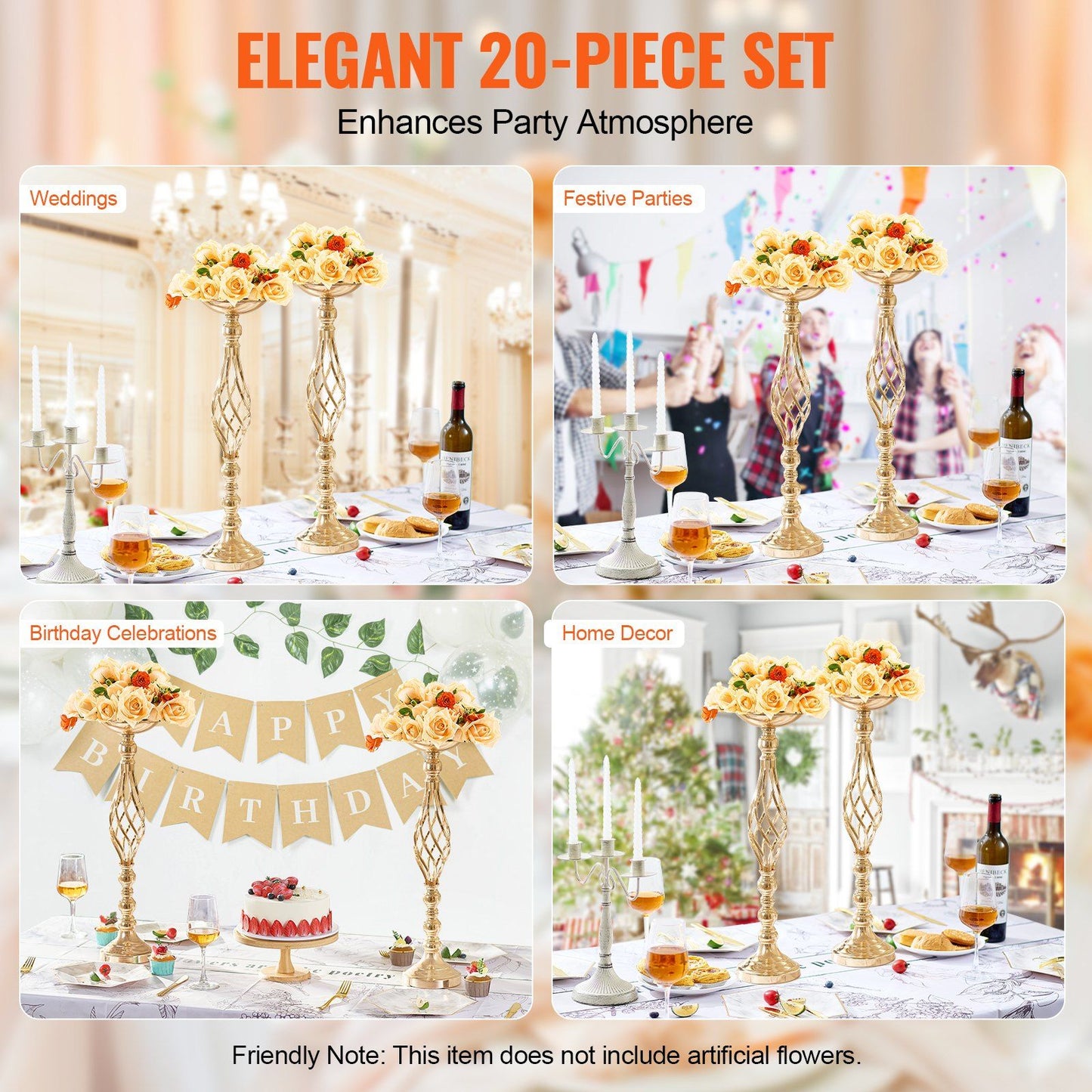 Elegant 20-piece gold wedding table flower stand set with intricate design for weddings and parties
