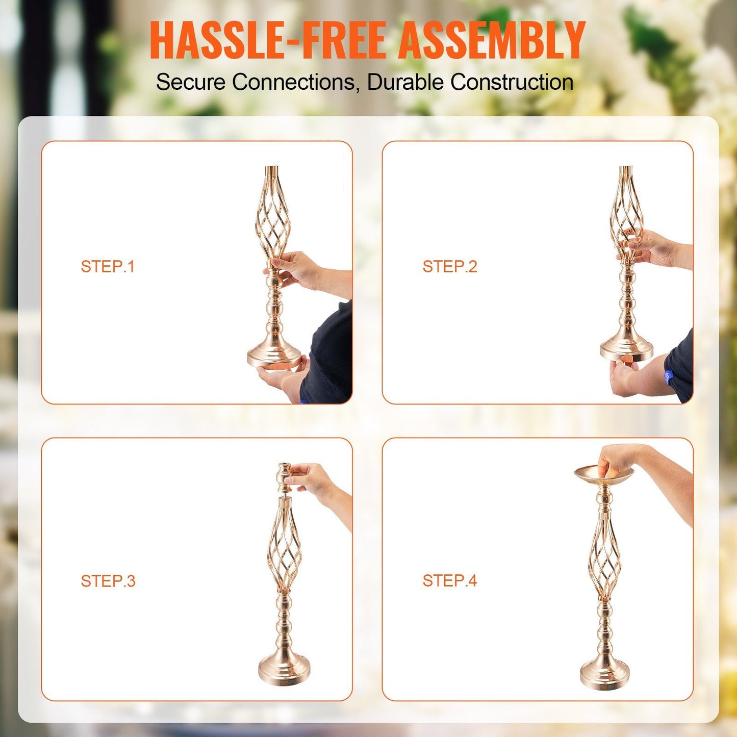 Step-by-step hassle-free assembly of gold wedding table flower stand with secure connections