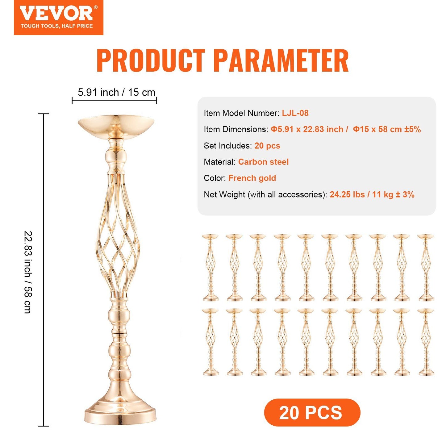 Set of 20 gold wedding table flower stand pieces in French gold carbon steel measuring 23 inches tall