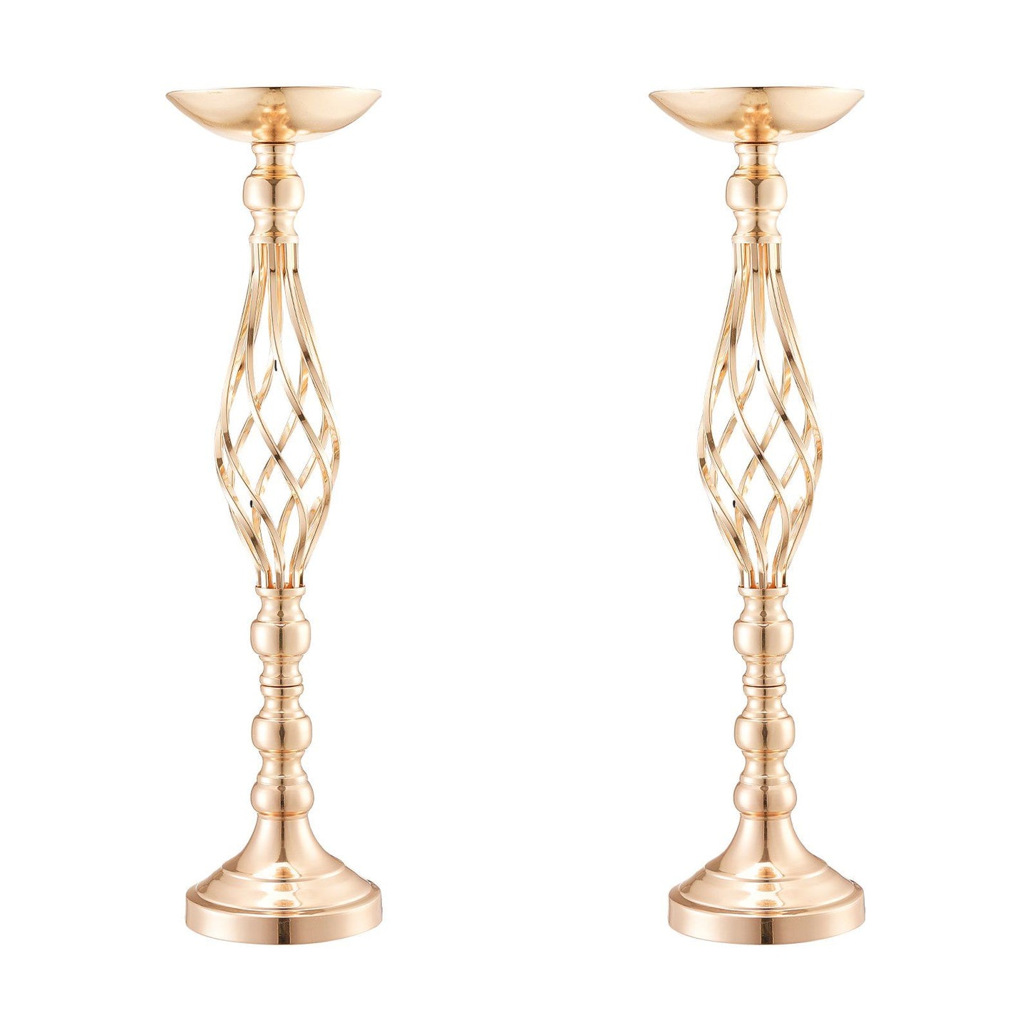Pair of elegant gold wedding table flower stand with twisted lattice design and round base