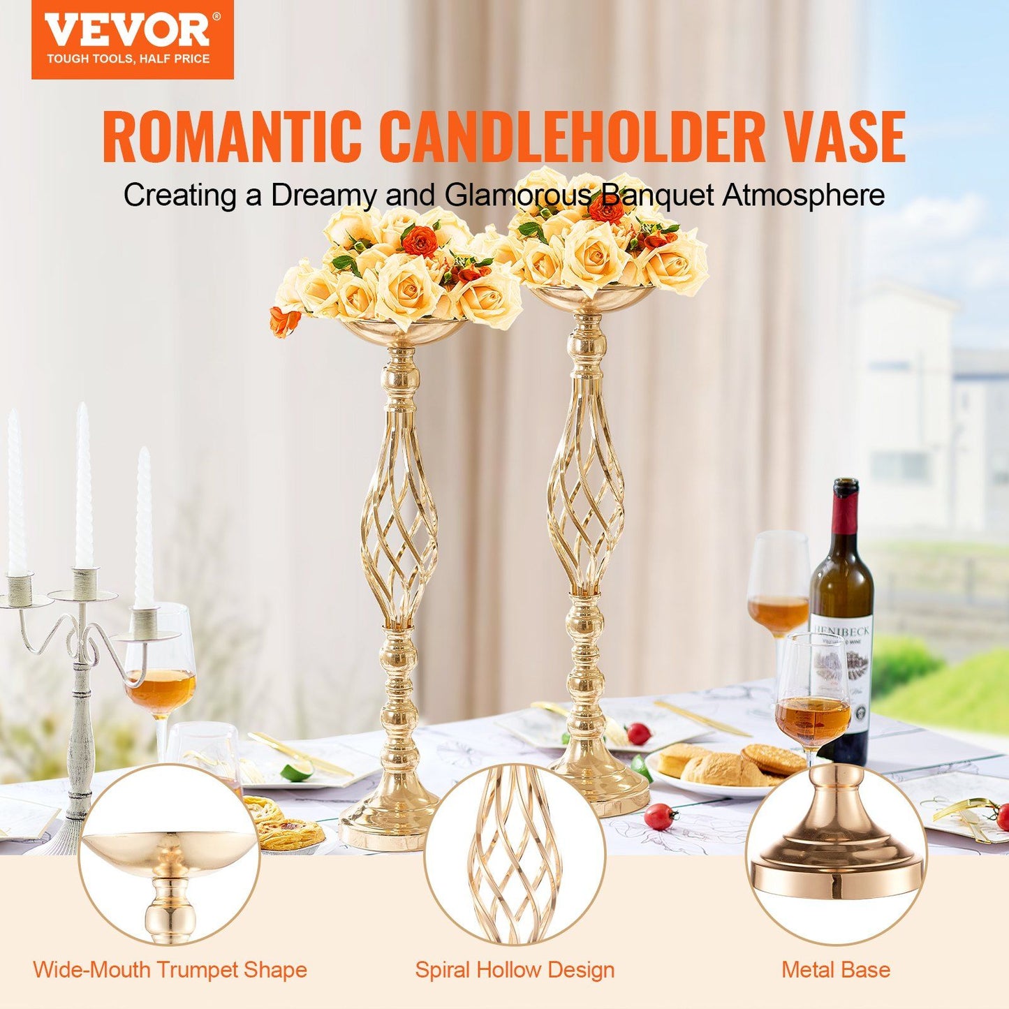 Gold wedding table flower stand with spiral hollow design and wide-mouth trumpet shape holding cream roses