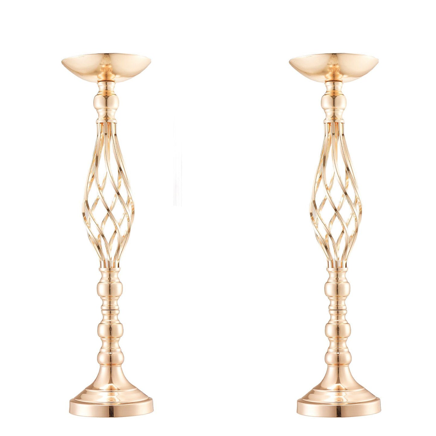 Pair of elegant gold wedding table flower stand with intricate lattice design and polished finish