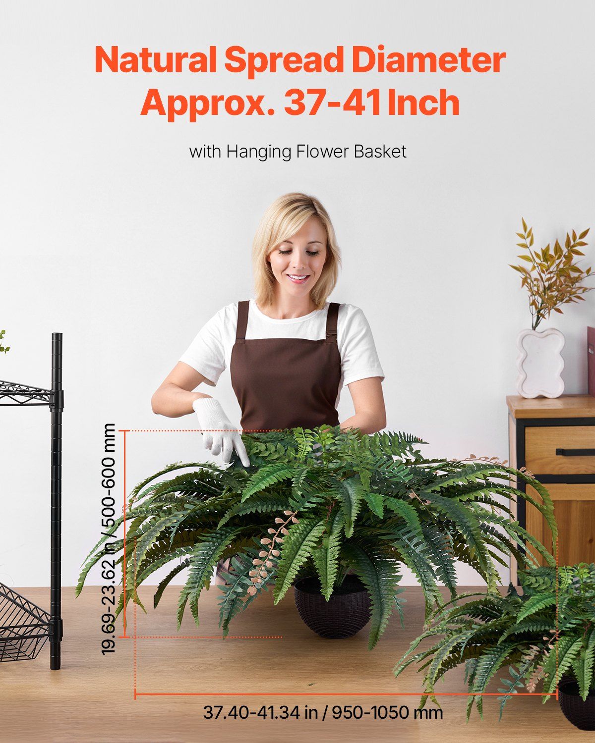 Large artificial Boston fern with natural spread diameter 37 to 41 inches in a hanging flower basket