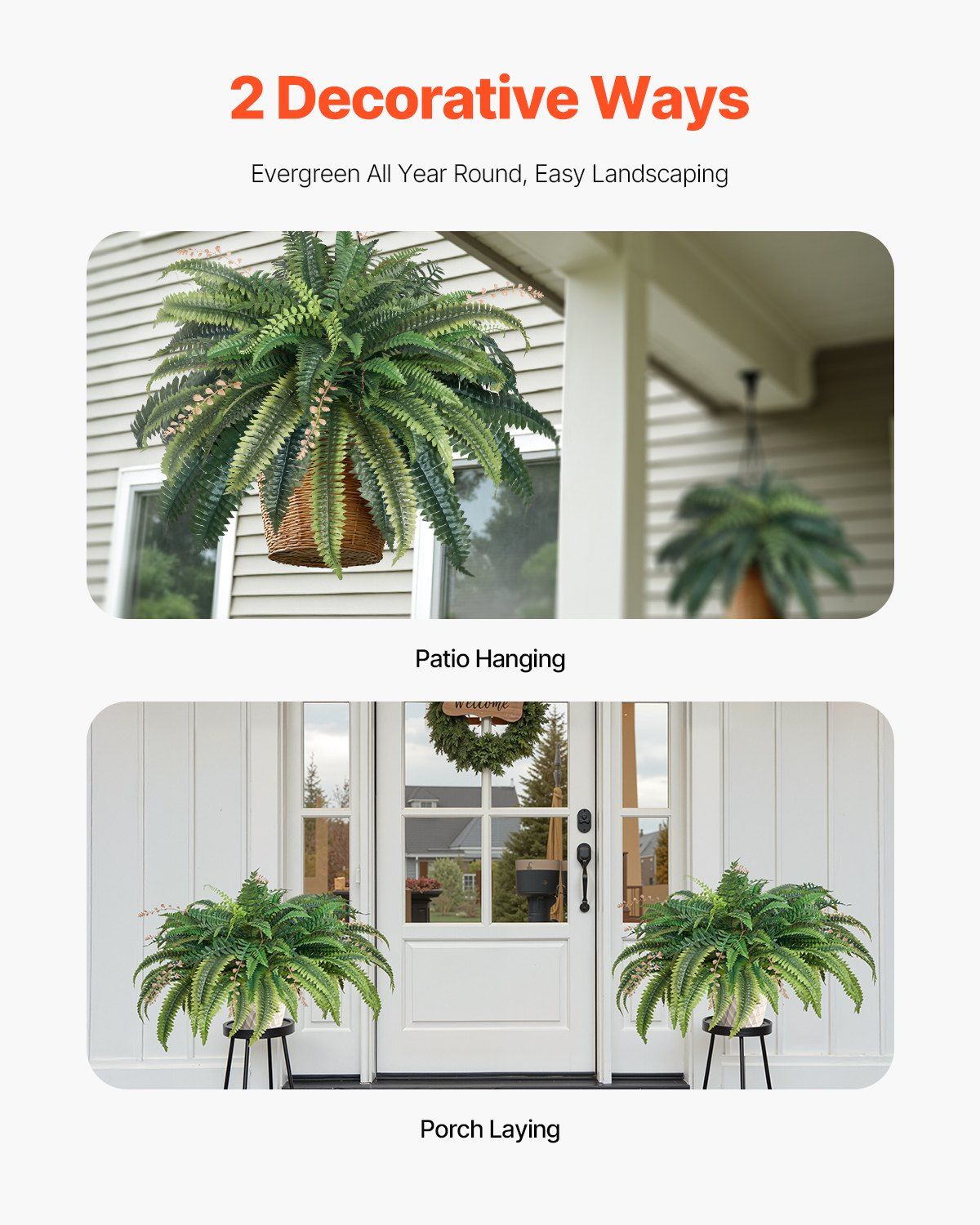 Large artificial Boston fern shown hanging on patio and placed on porch for decorative landscaping