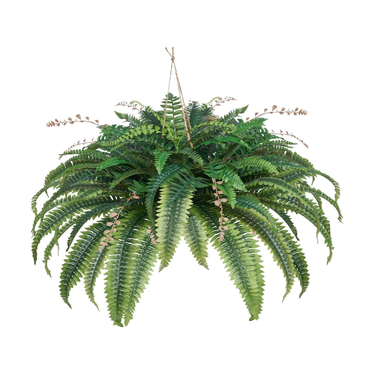 Large artificial Boston fern with lush green fronds hanging from a natural twine hanger