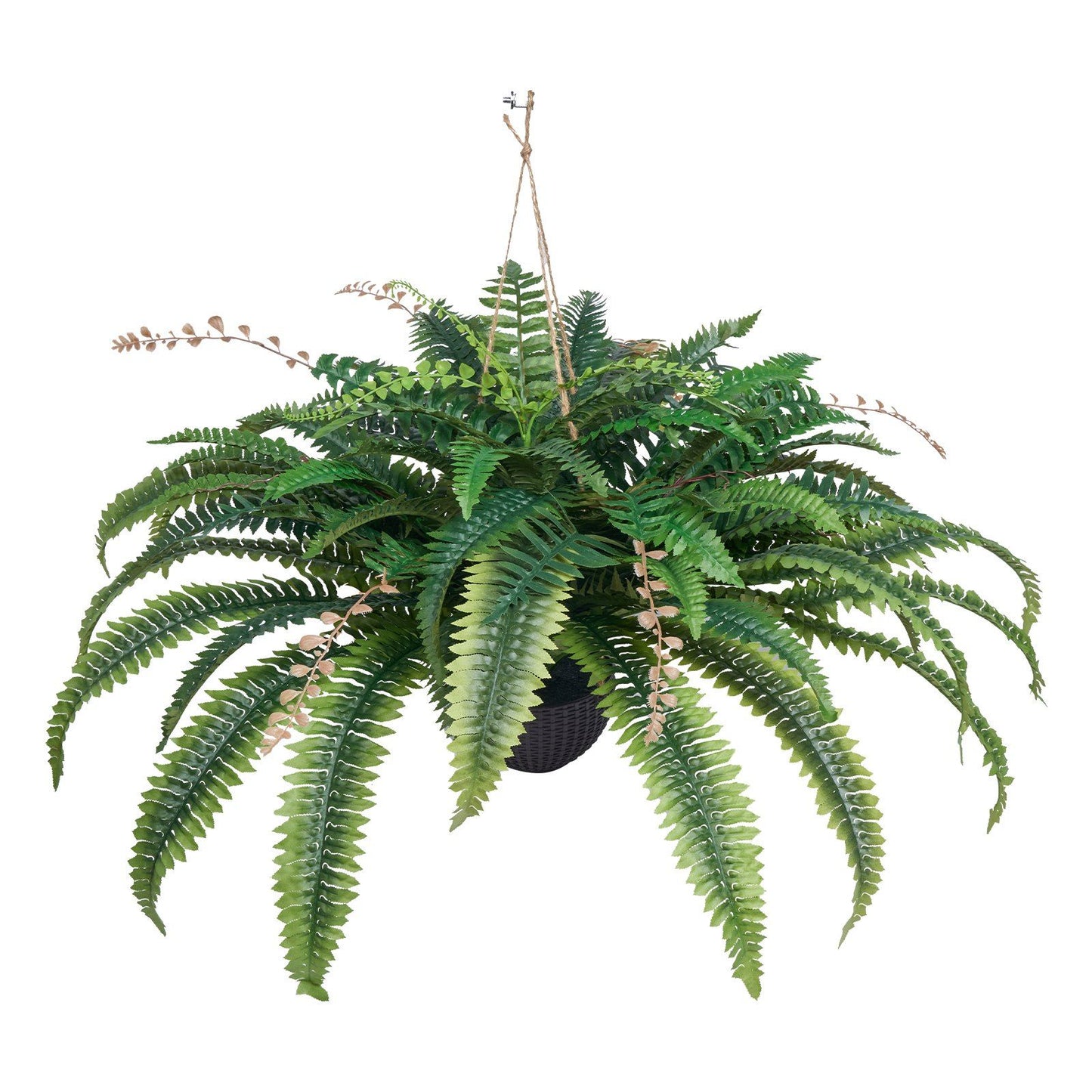 Large artificial Boston fern in a hanging black planter with realistic green leaves