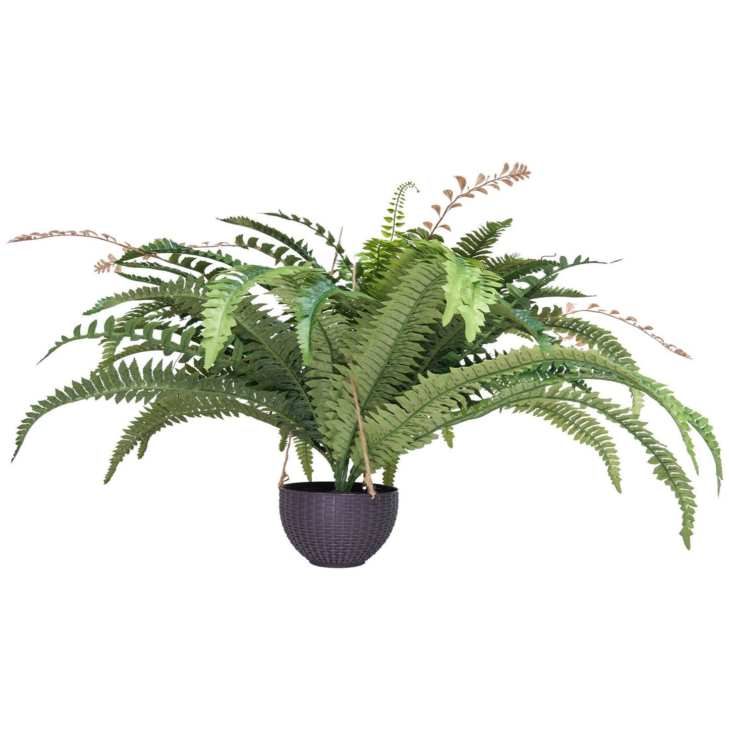 Large artificial Boston fern in a hanging woven basket with lush green fronds