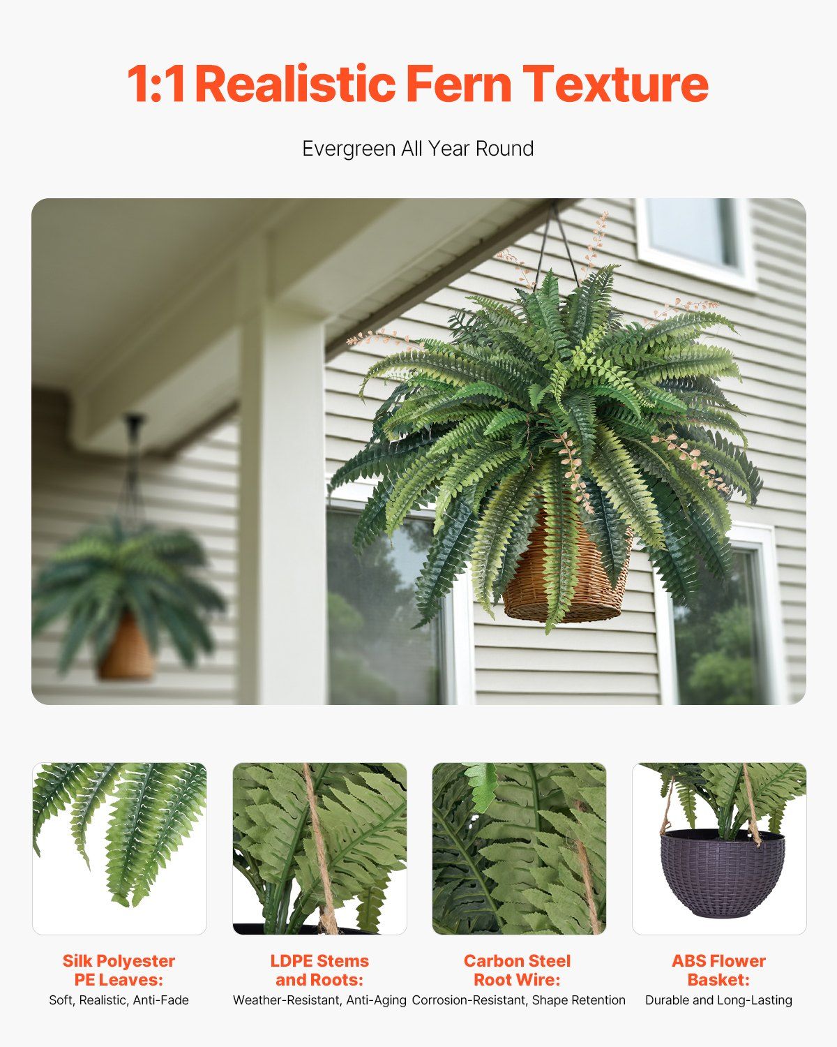 Large artificial Boston fern with realistic 1 to 1 fern texture in a hanging basket for indoor or outdoor decor