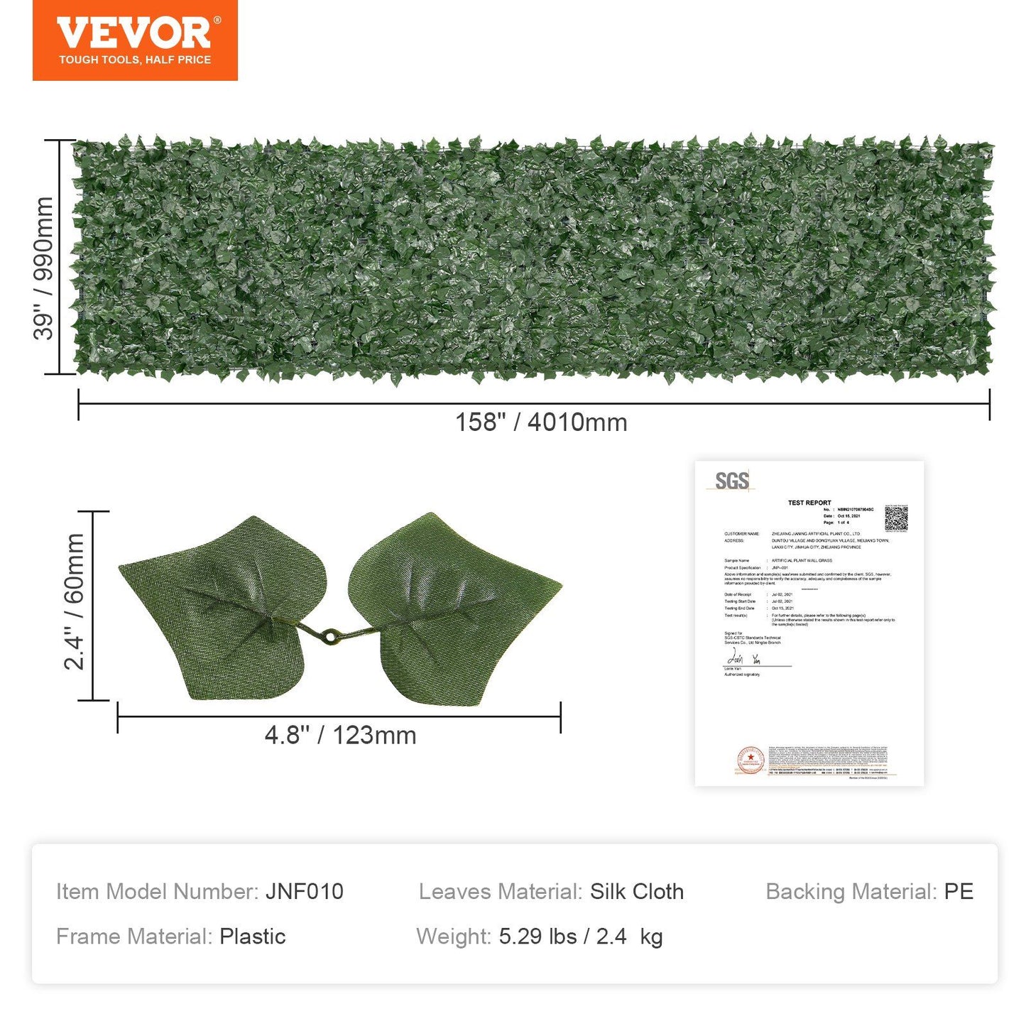 VEVOR privacy screen with mesh backing made of silk cloth leaves and plastic frame measuring 39 by 158 inches