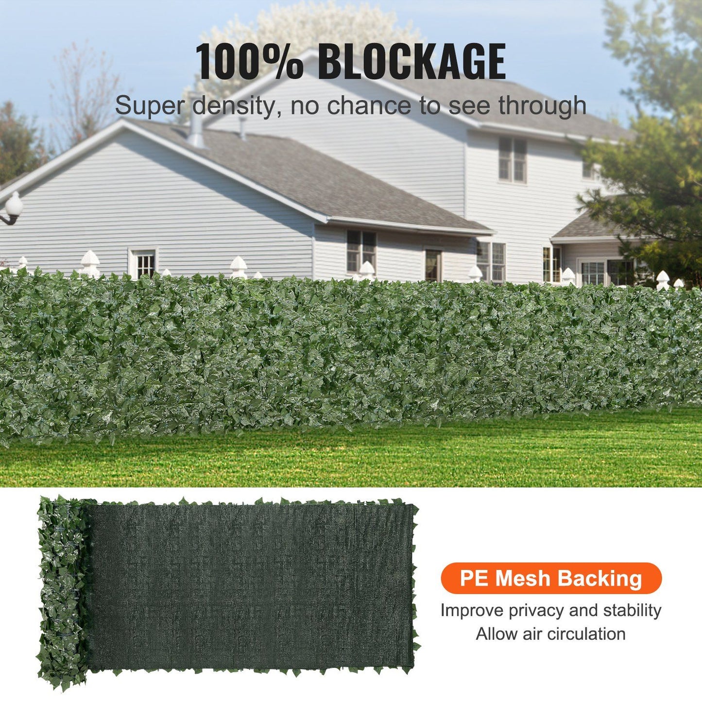 Privacy screen with mesh backing showing dense green foliage for 100 percent blockage and improved privacy with air circulation