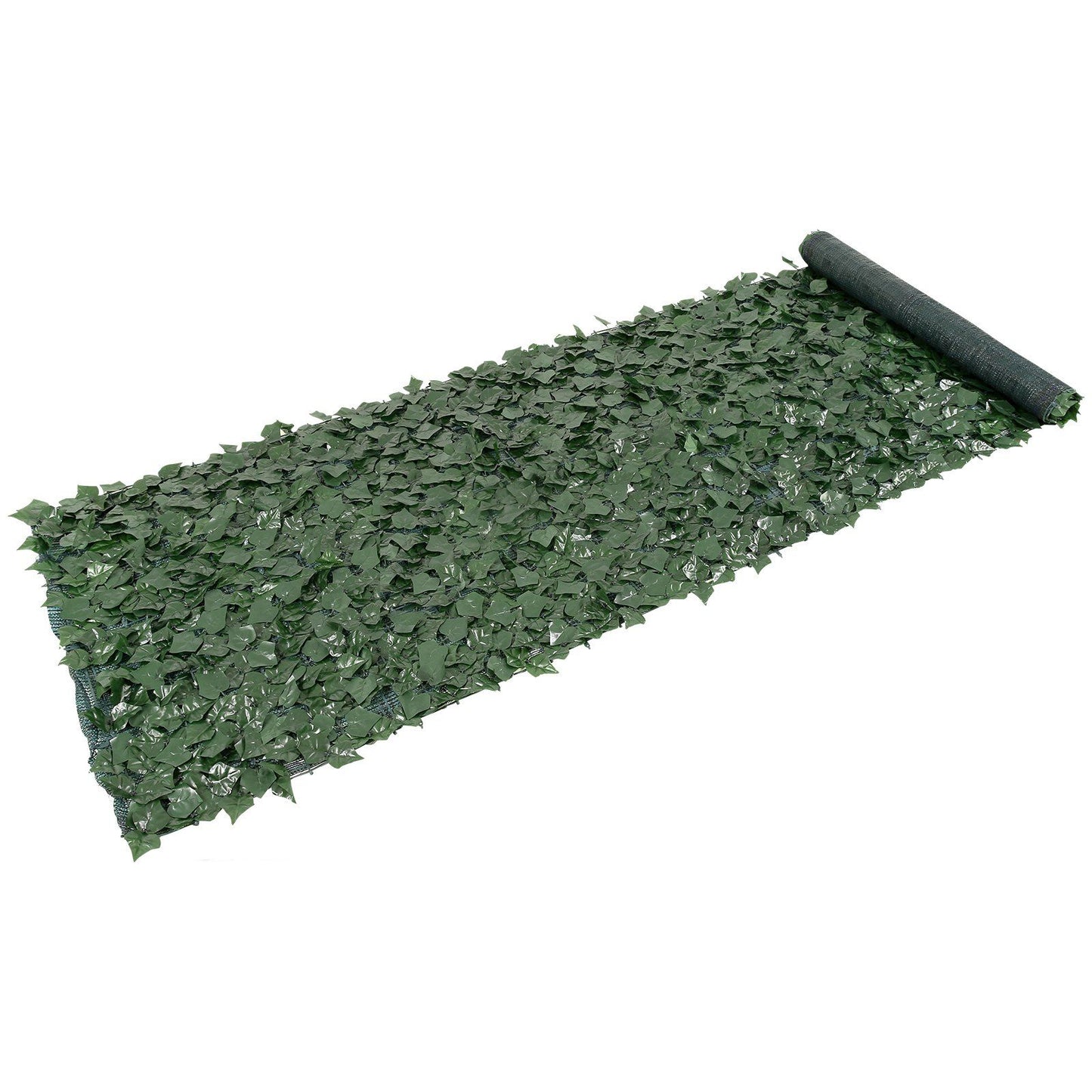 Green privacy screen with mesh backing roll featuring artificial leaves for outdoor use