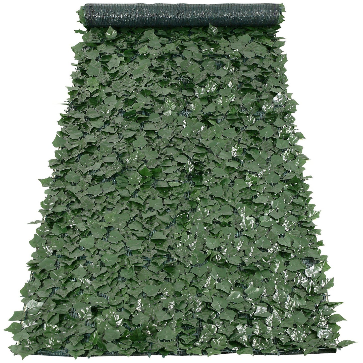 Green foliage privacy screen with mesh backing rolled at the top for easy installation
