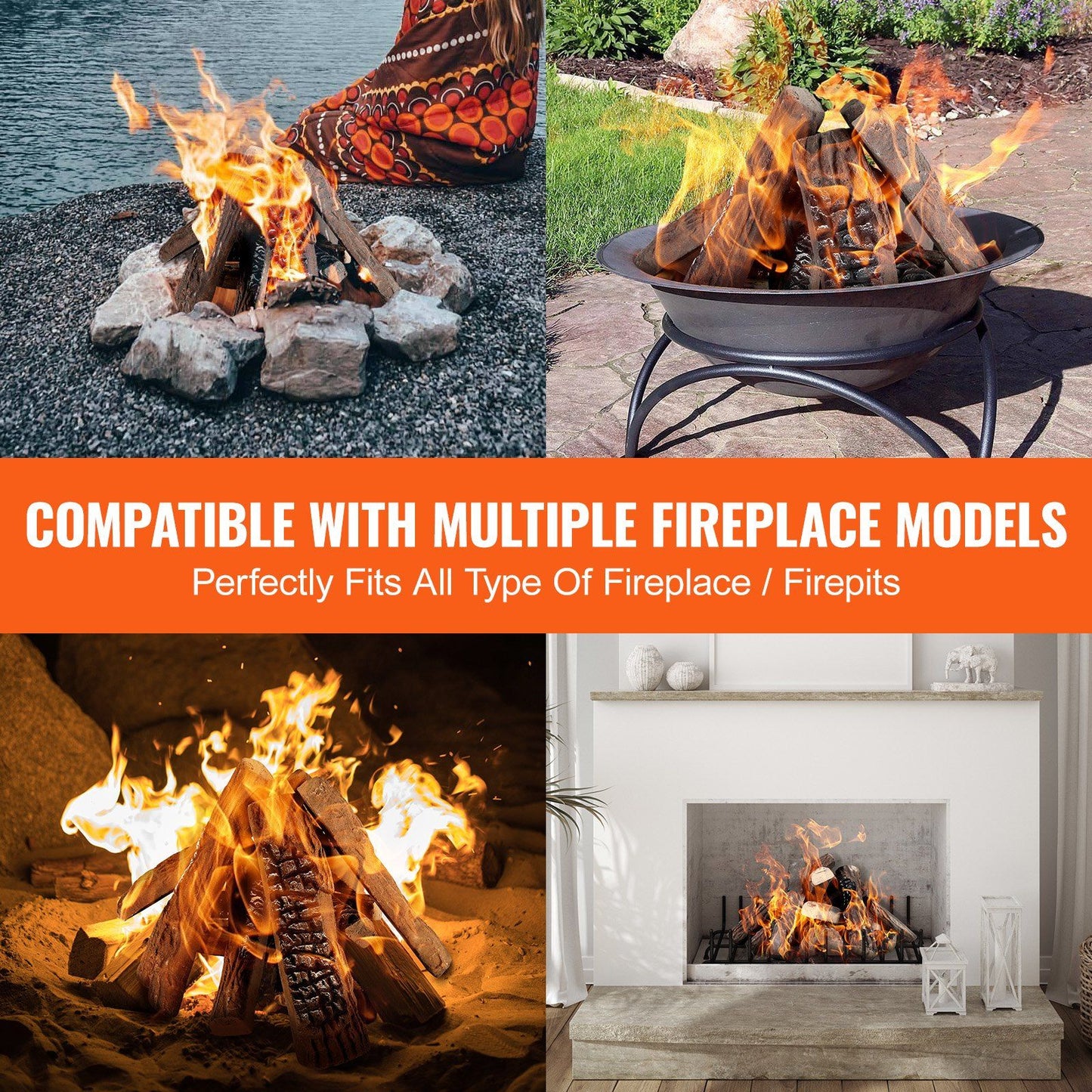 Realistic gas fireplace logs shown burning in various outdoor fire pits and indoor fireplaces