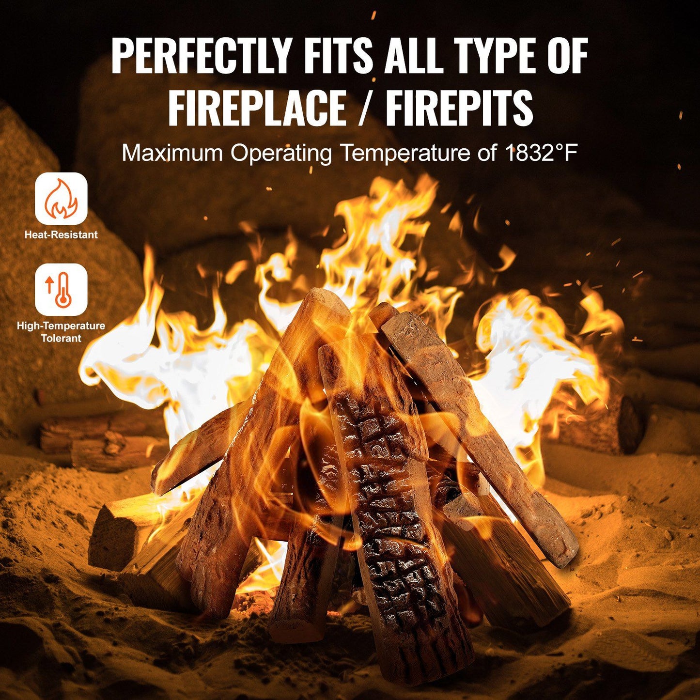 Realistic gas fireplace logs burning with high flames showing heat-resistant and high-temperature tolerance