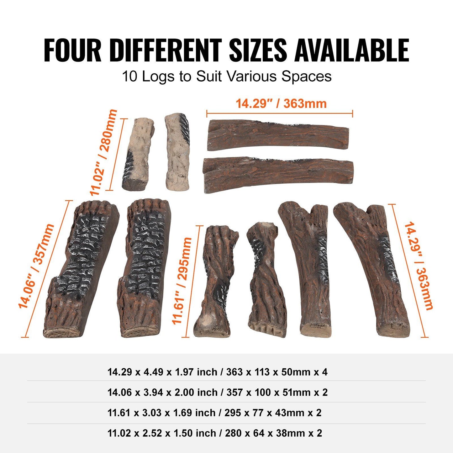 Set of four different sizes of realistic gas fireplace logs with dimensions displayed for varied fireplace spaces