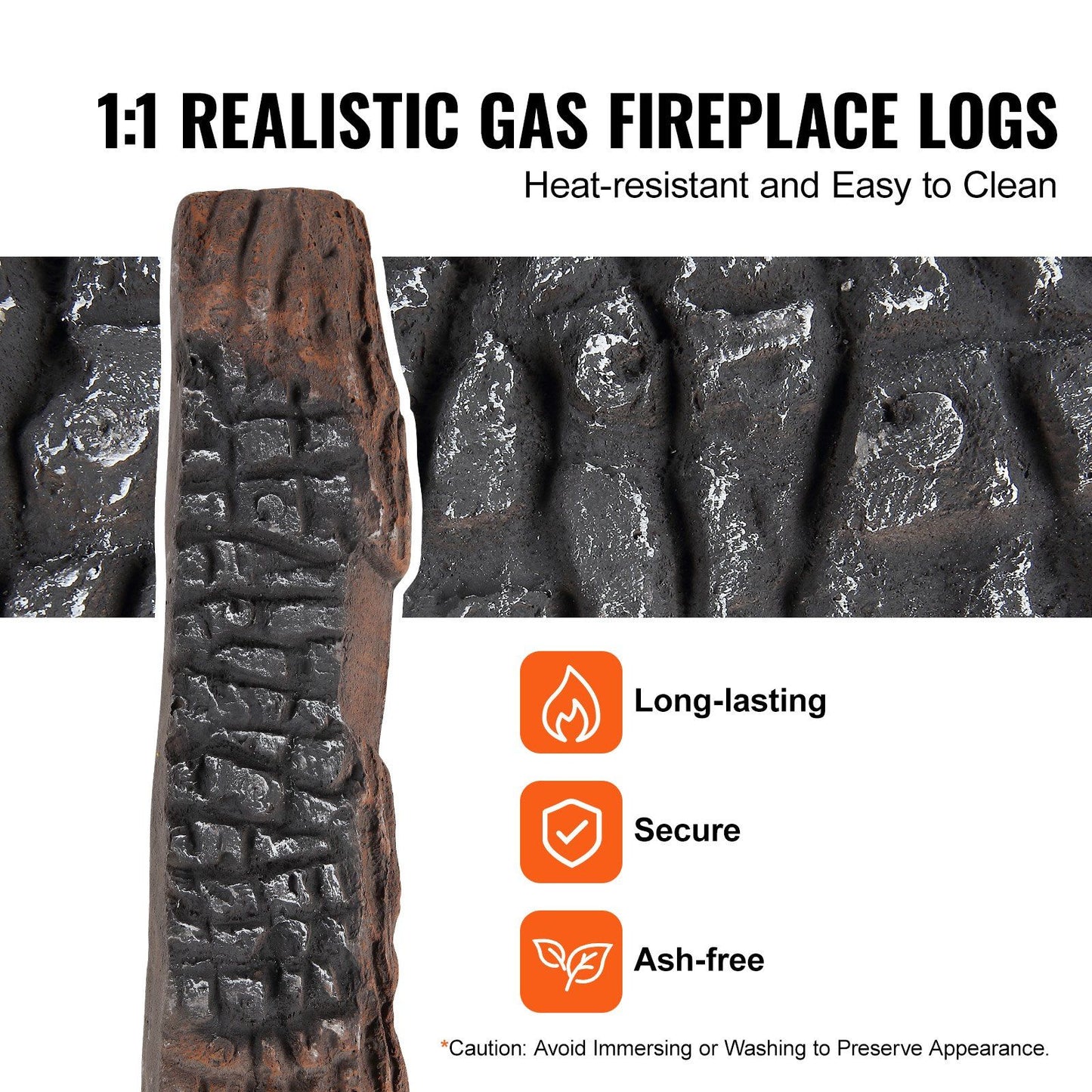 Close-up of realistic gas fireplace logs showing heat-resistant, ash-free textures with secure, long-lasting design