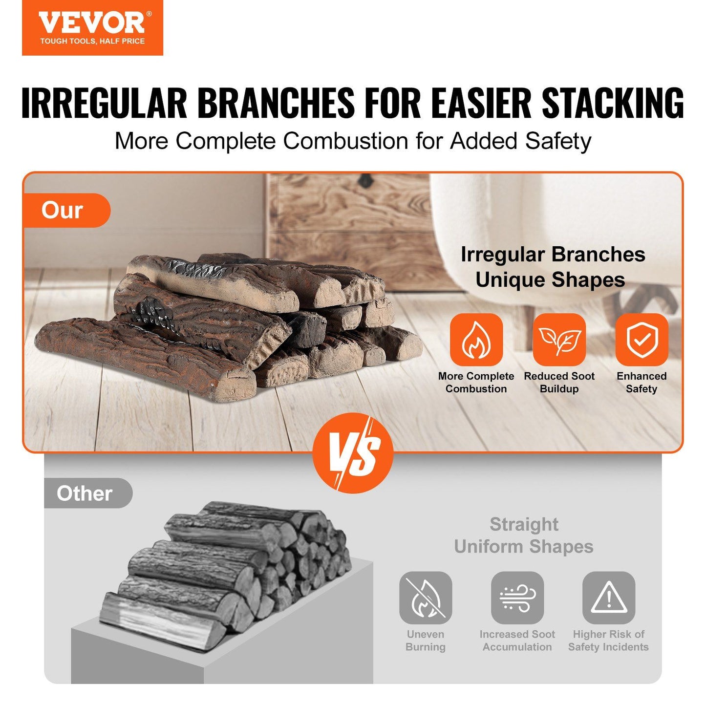 Vevor realistic gas fireplace logs with irregular branches for easier stacking and enhanced safety
