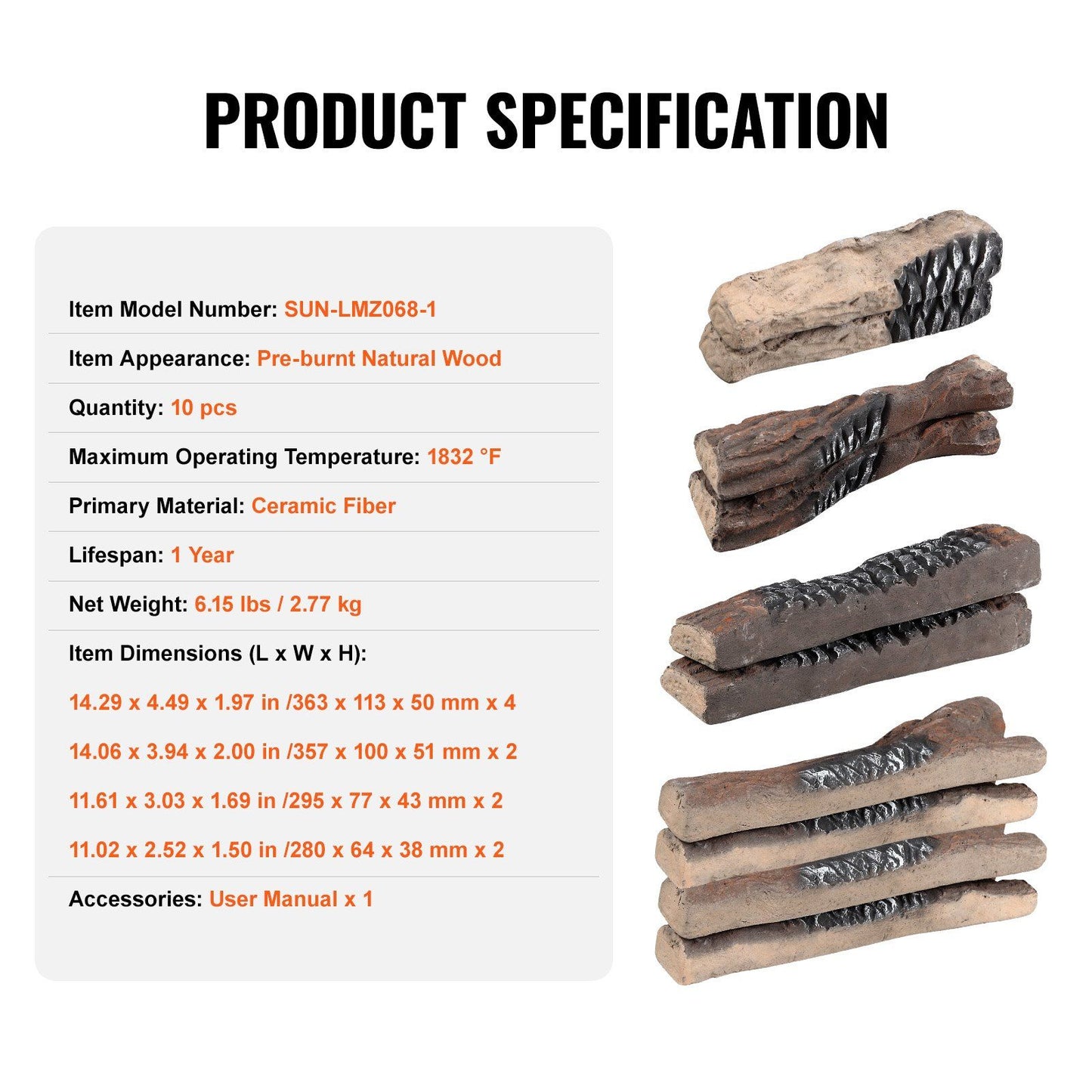 Set of 10 realistic gas fireplace logs made from ceramic fiber resembling pre-burnt natural wood