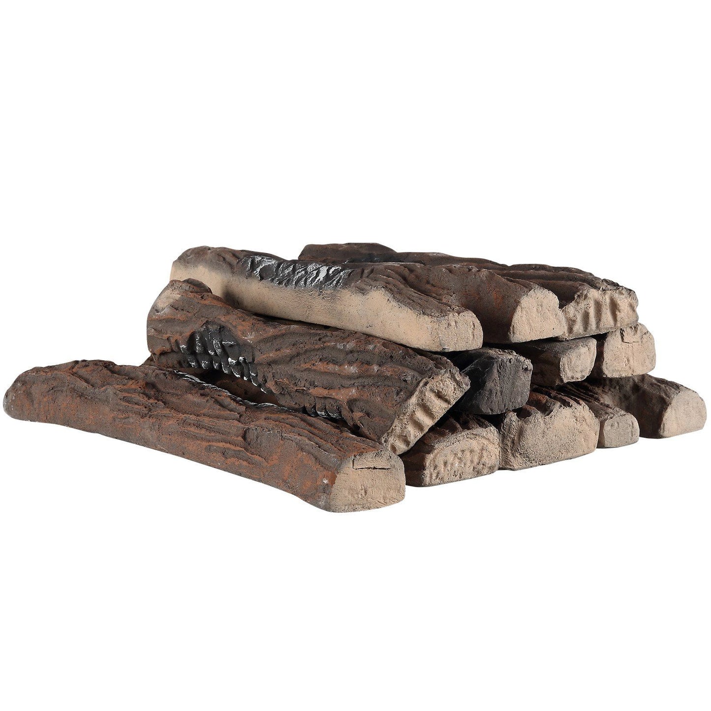 Stack of realistic gas fireplace logs with detailed bark texture and charred accents