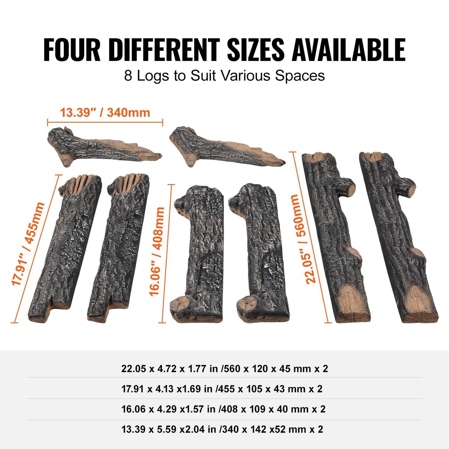 Realistic oak gas fire logs set with four different sizes and eight logs to suit various spaces