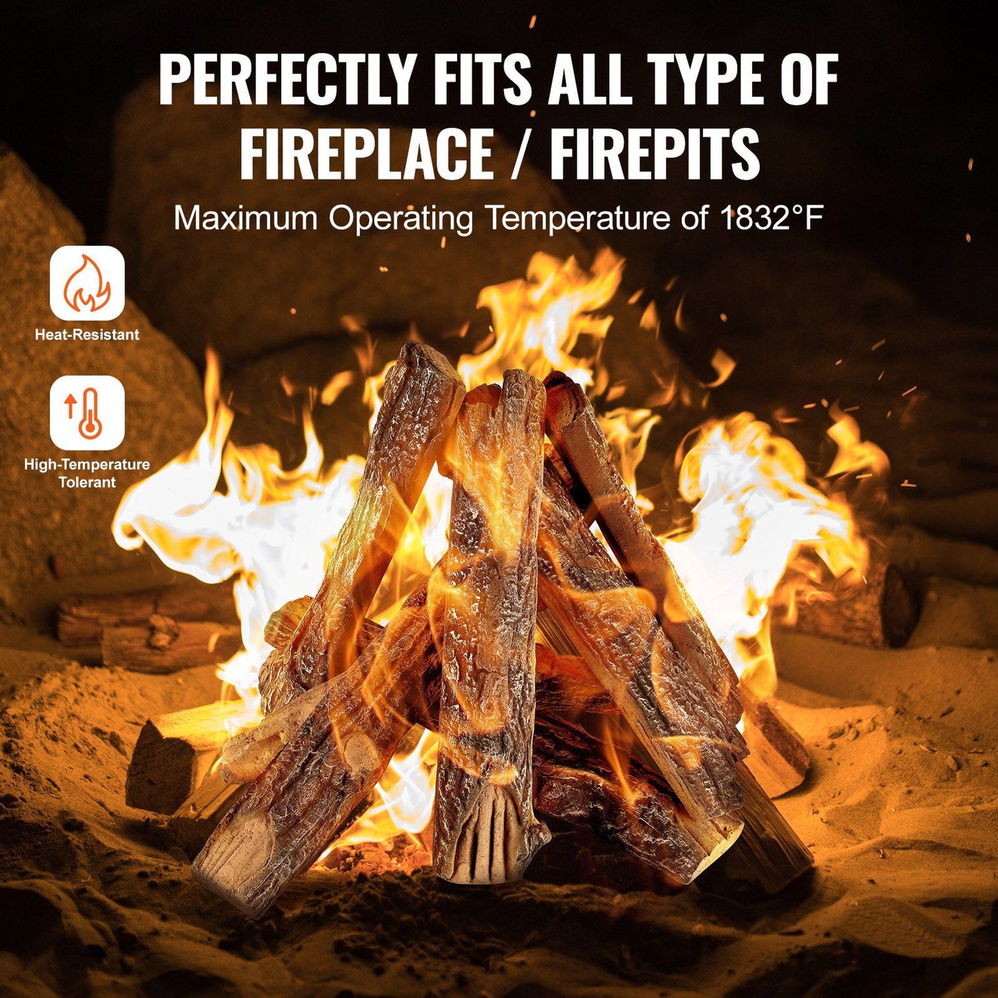 Realistic oak gas fire logs set burning with bright flames in a fireplace or firepit setting