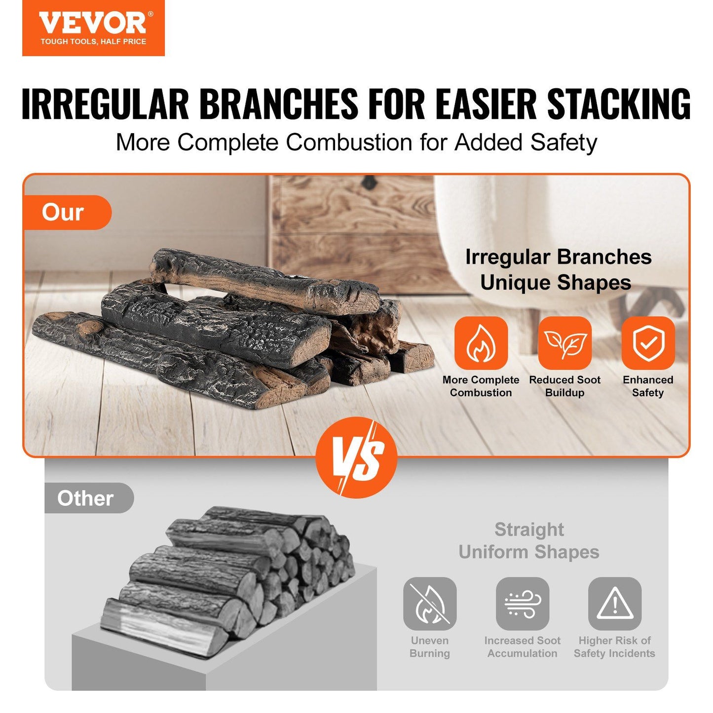 Realistic oak gas fire logs set with irregular branches for easier stacking and complete combustion