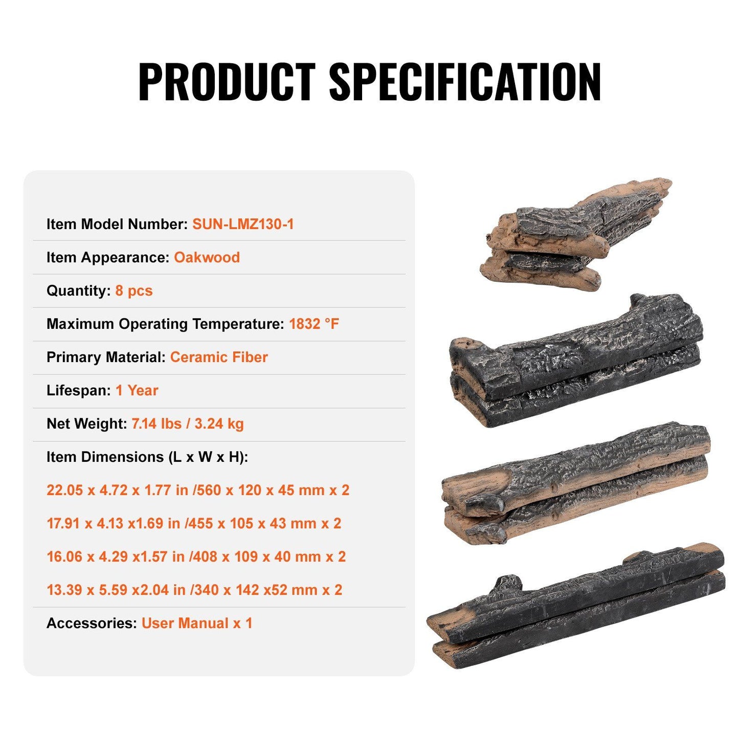 Realistic oak gas fire logs set showing eight ceramic fiber oakwood logs with detailed textures