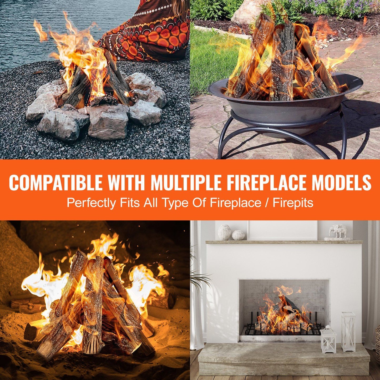 Realistic oak gas fire logs set displayed burning in outdoor fire pits and indoor fireplace settings