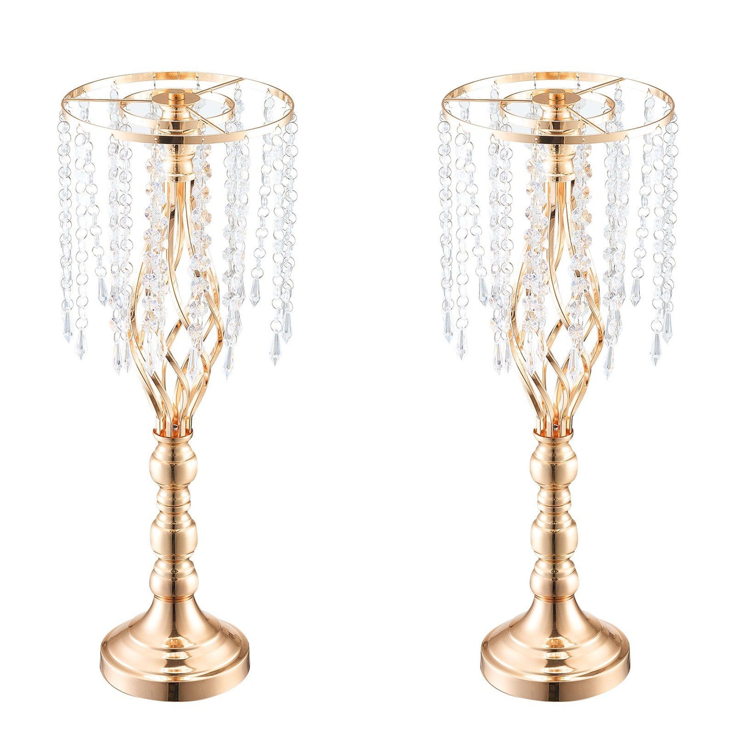Pair of tall crystal wedding flower stand with gold finish and hanging crystal bead accents