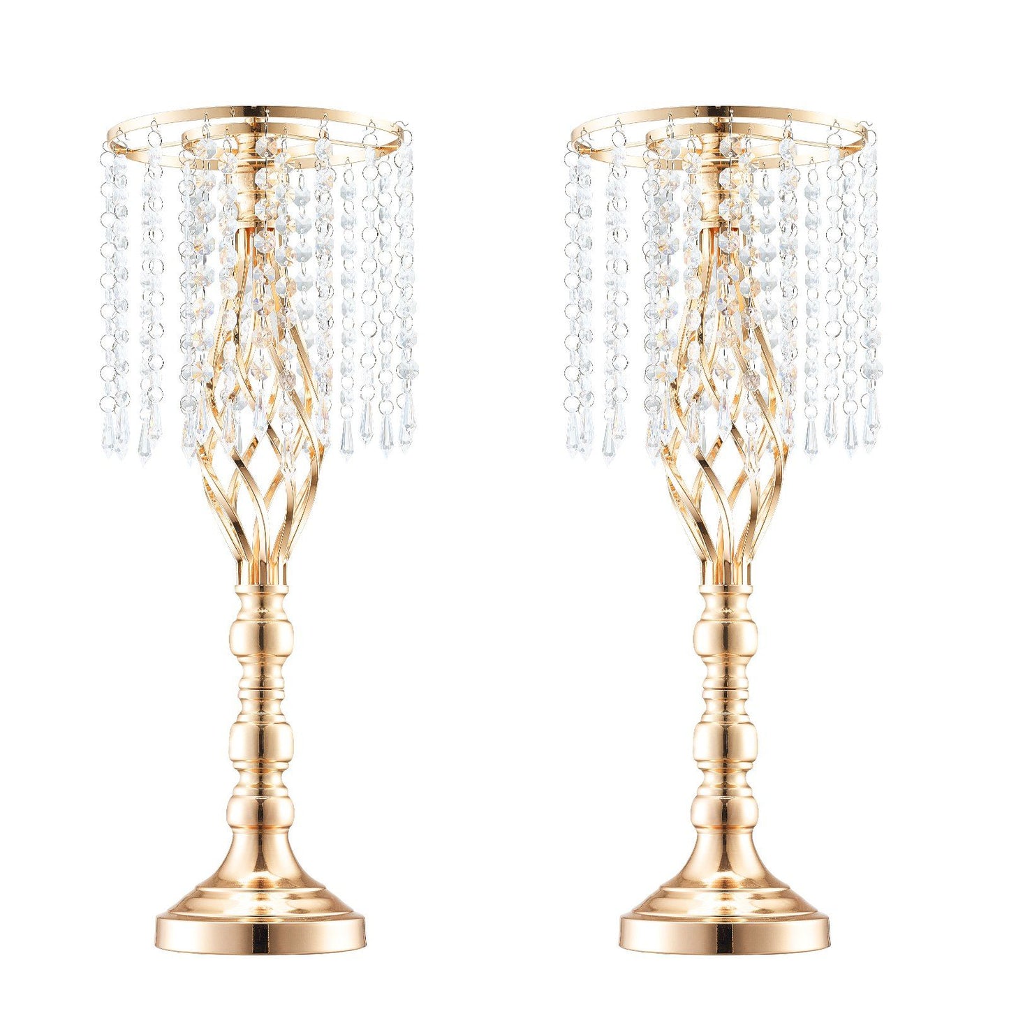 Pair of tall crystal wedding flower stand gold candle holders with hanging crystal beads