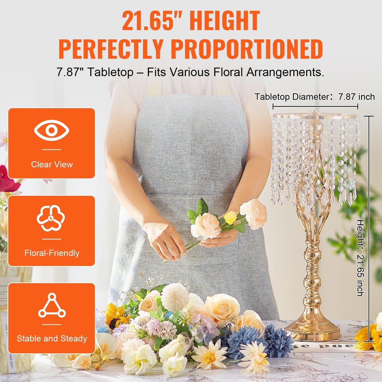 Tall crystal wedding flower stand with 21.65 inch height and 7.87 inch tabletop holding floral arrangements