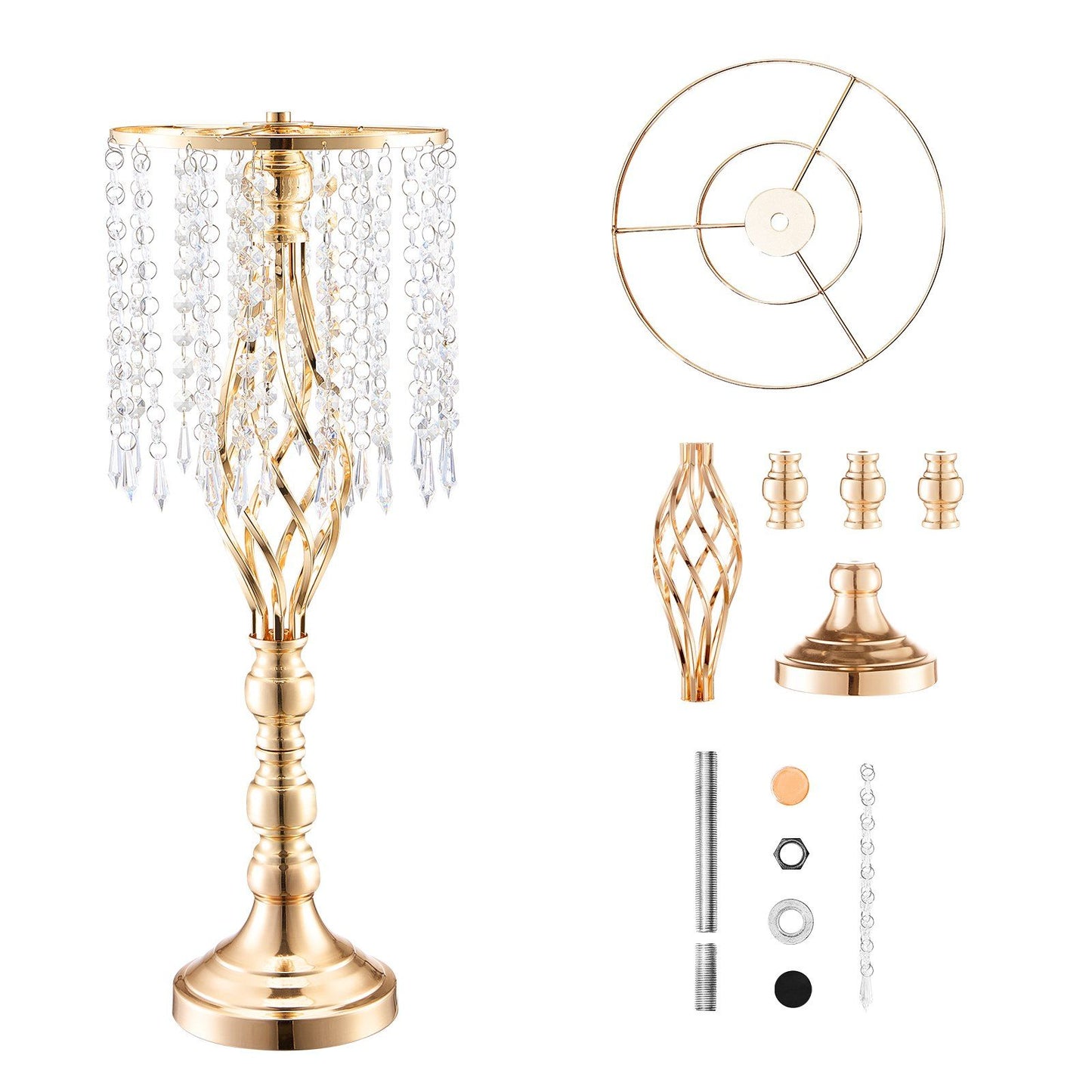FauxMart tall crystal wedding flower stand with gold base and hanging crystal decorations with assembly parts