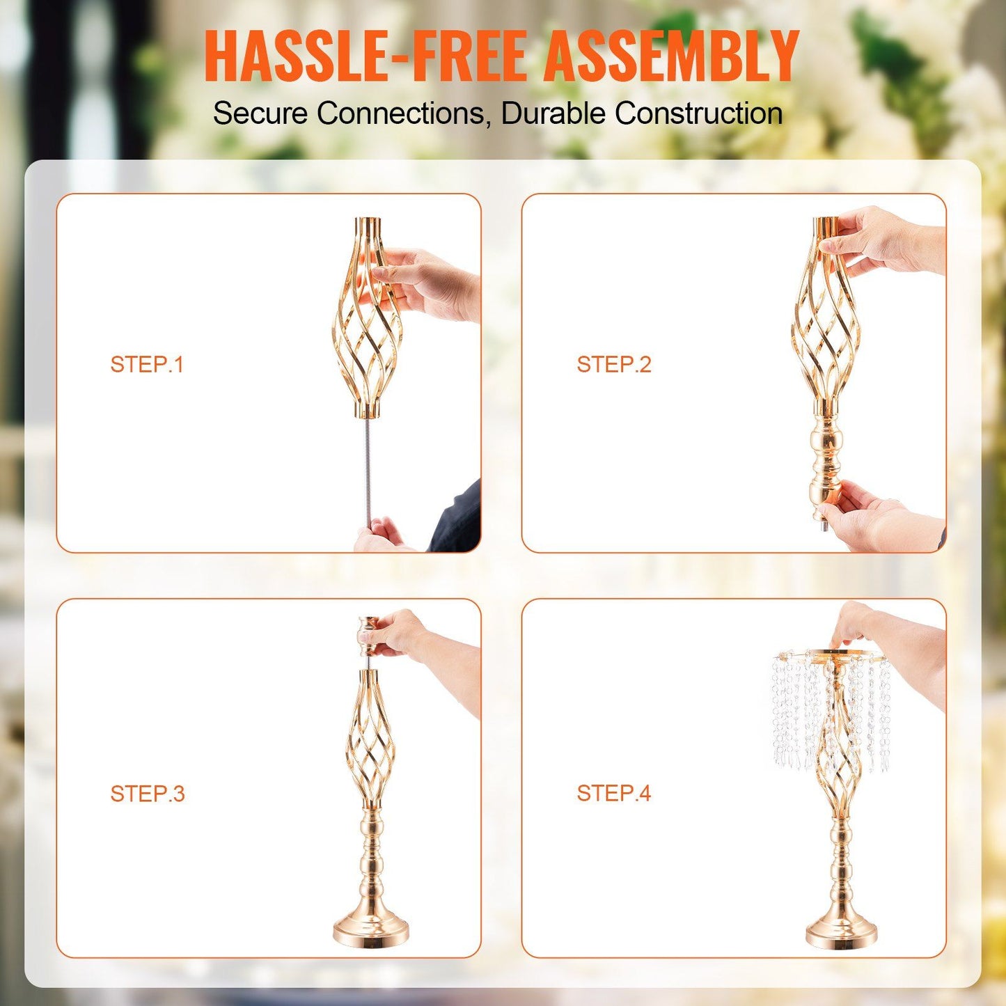 Step-by-step assembly instructions for tall crystal wedding flower stand with secure connections