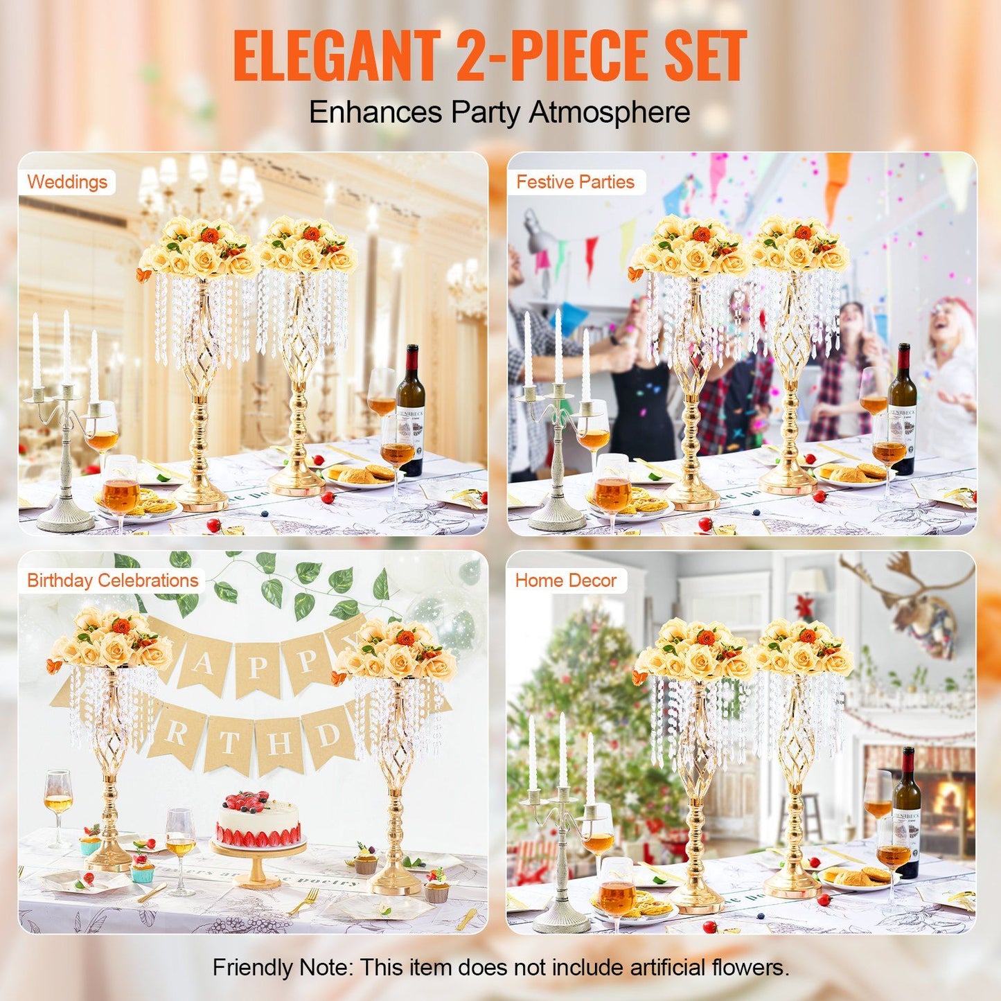 Elegant 2-piece tall crystal wedding flower stand set with gold base and crystal chains for party decor