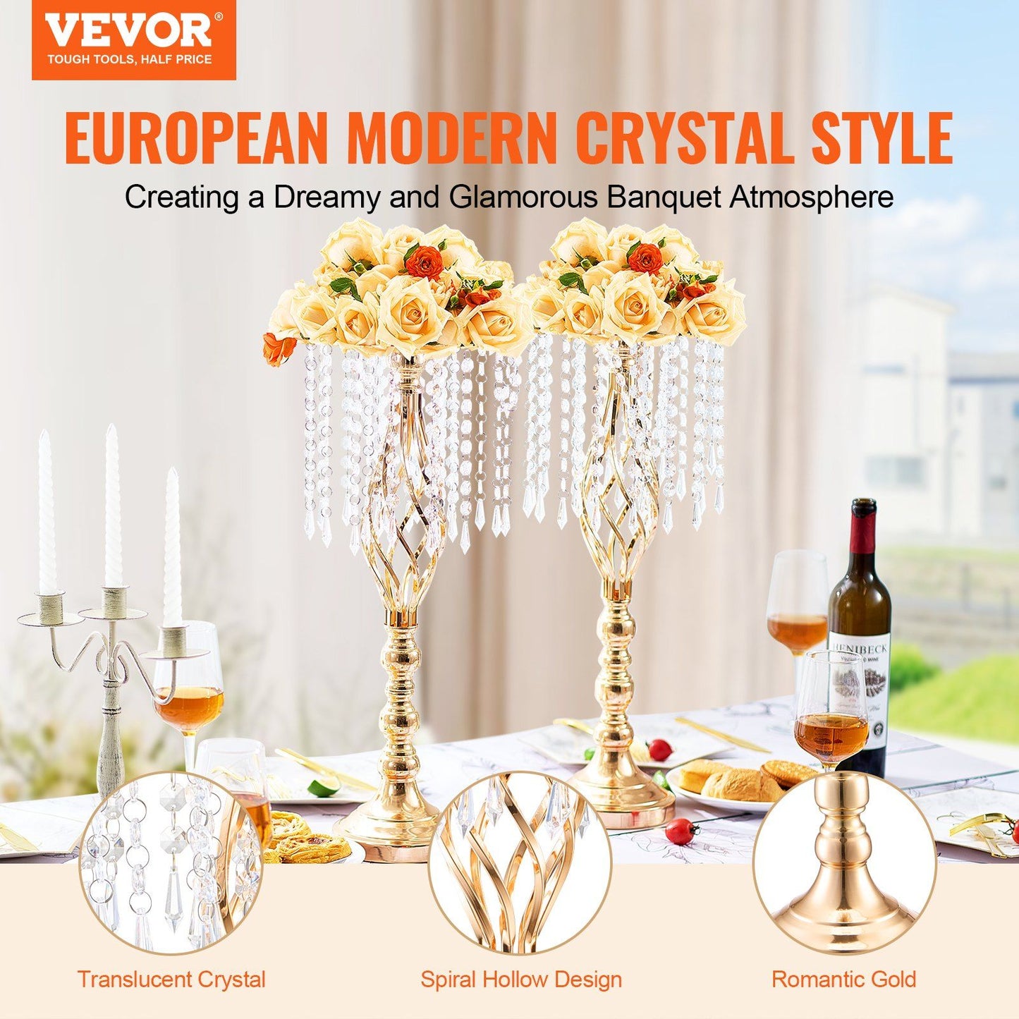 Tall crystal wedding flower stand with translucent crystals spiral hollow design and romantic gold finish