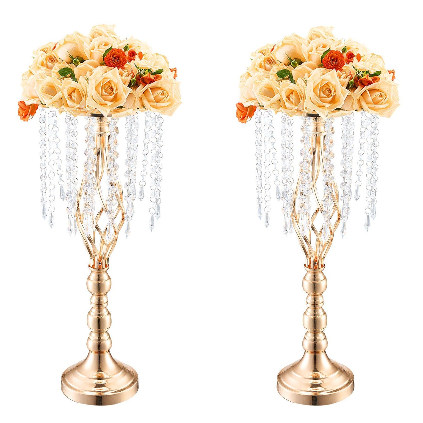 Pair of tall crystal wedding flower stand gold holders decorated with peach and orange roses