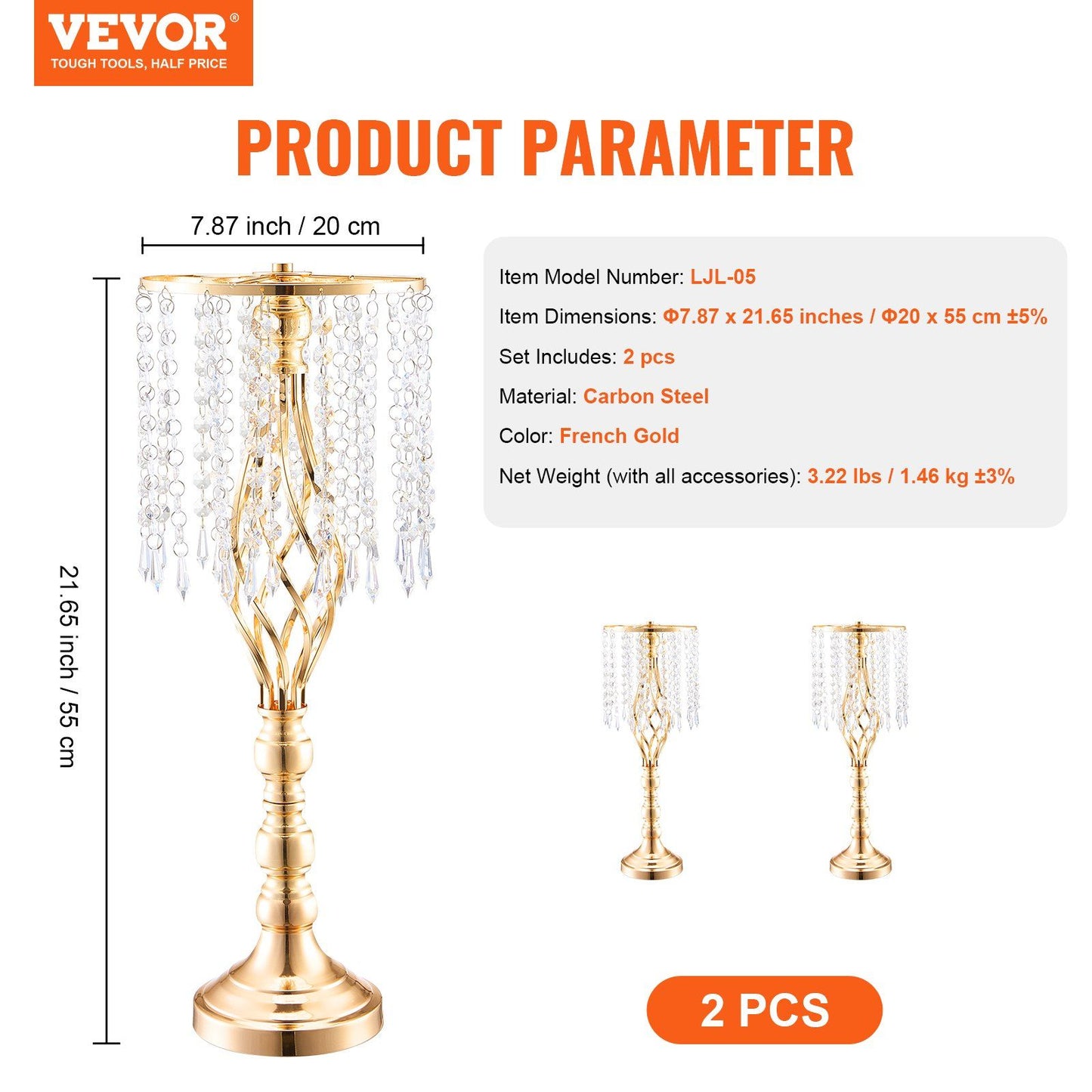 Tall crystal wedding flower stand set of 2 in French gold carbon steel with hanging crystals