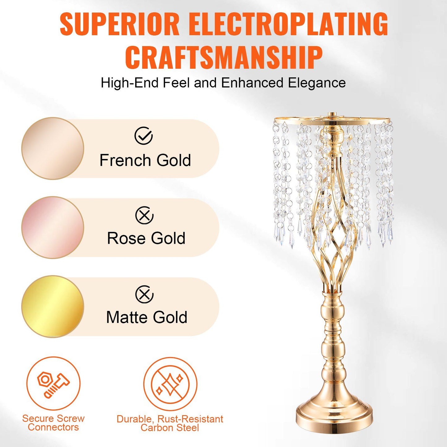 Tall crystal wedding flower stand in French gold with hanging crystal beads and durable rust-resistant carbon steel