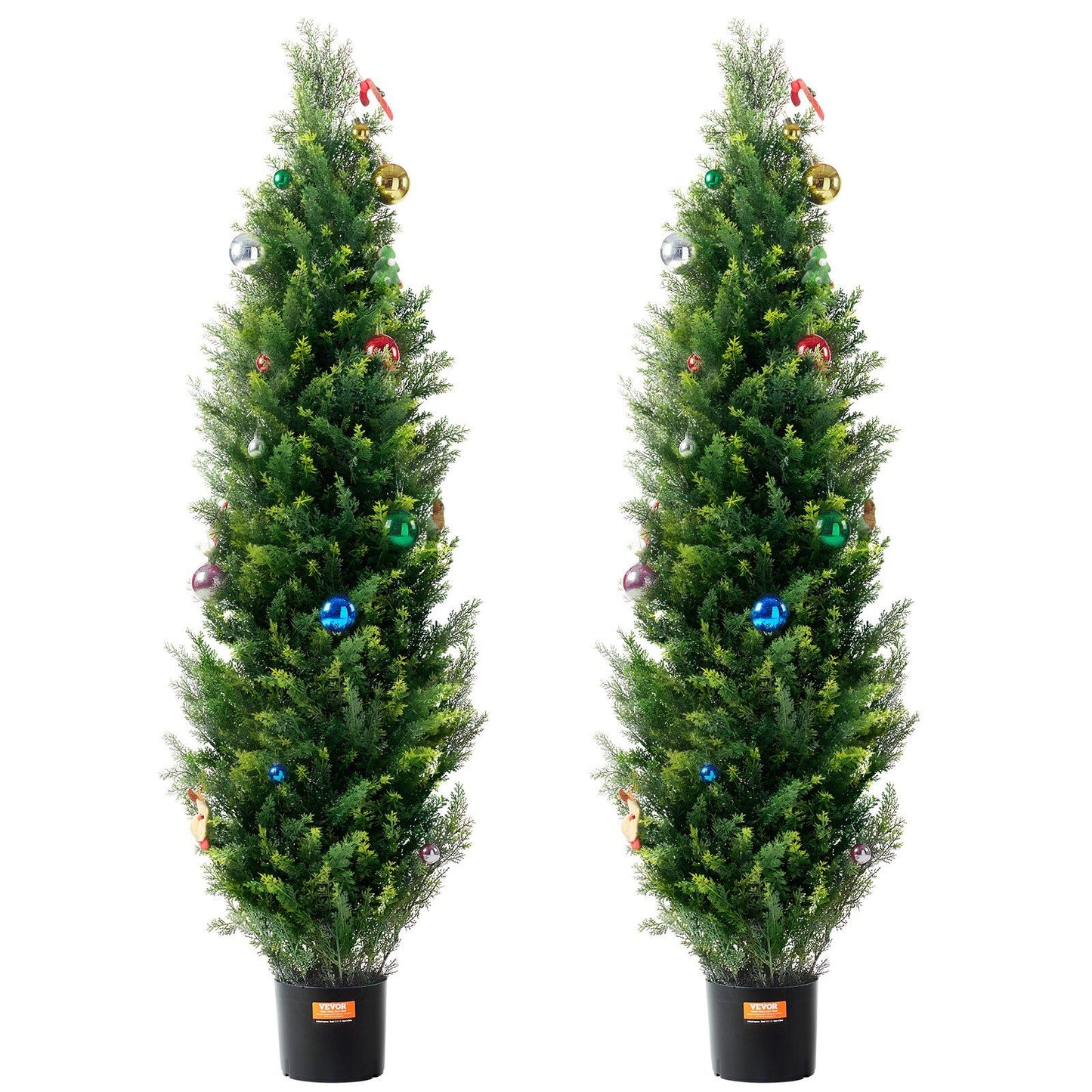 Tall UV resistant faux plants outdoor decorated with colorful ornaments in black pots from FauxMart.com