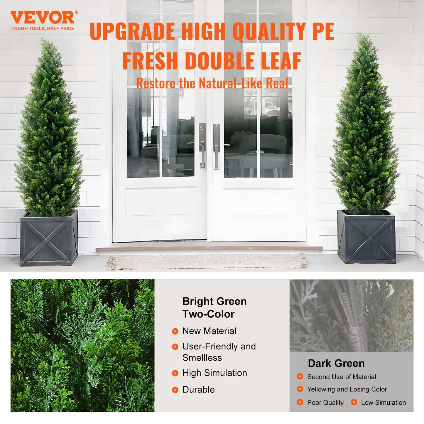 UV resistant faux plants outdoor featuring bright green two-color artificial shrubs in black planters by FauxMart.com