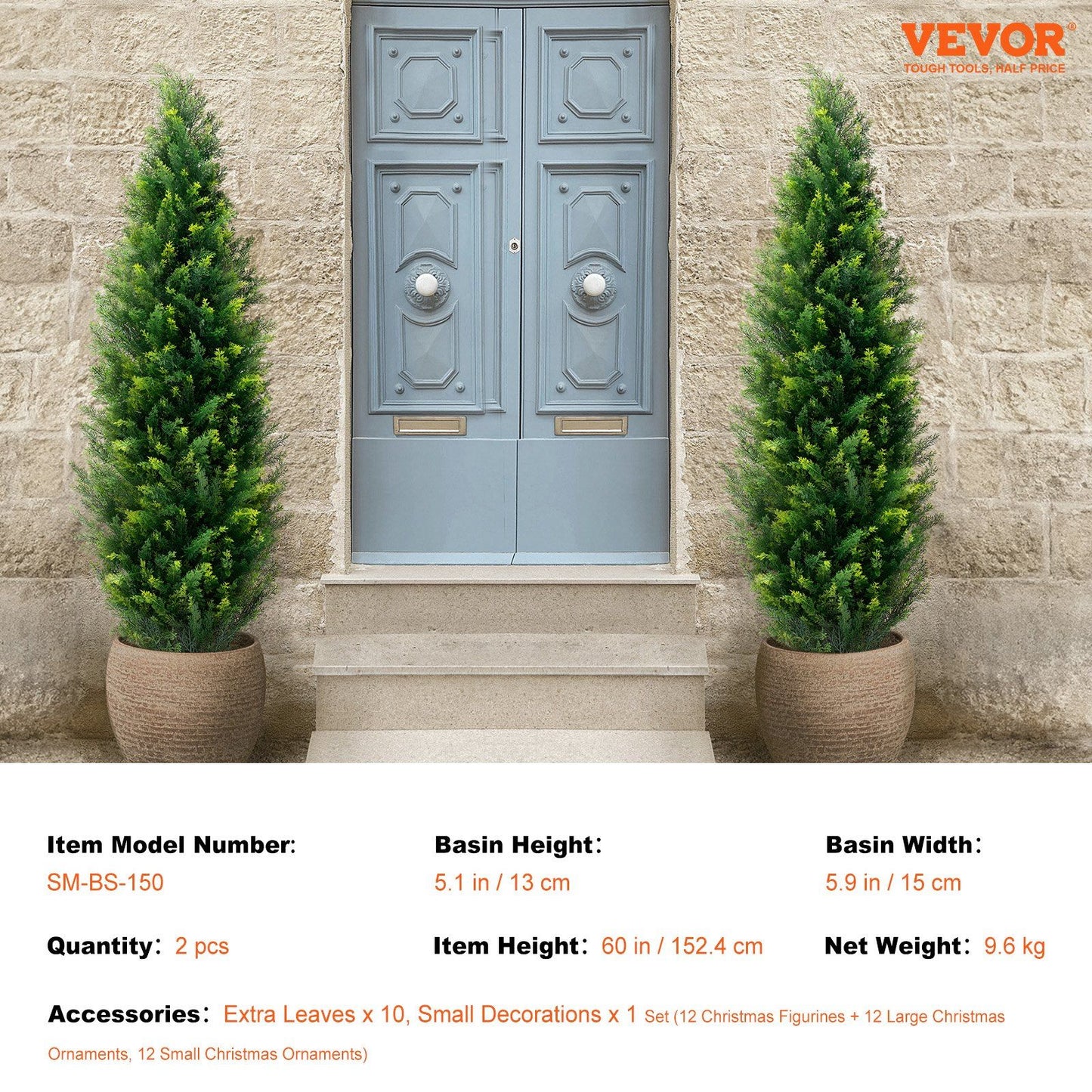UV resistant faux plants outdoor tall green artificial trees in pots flanking blue door entrance