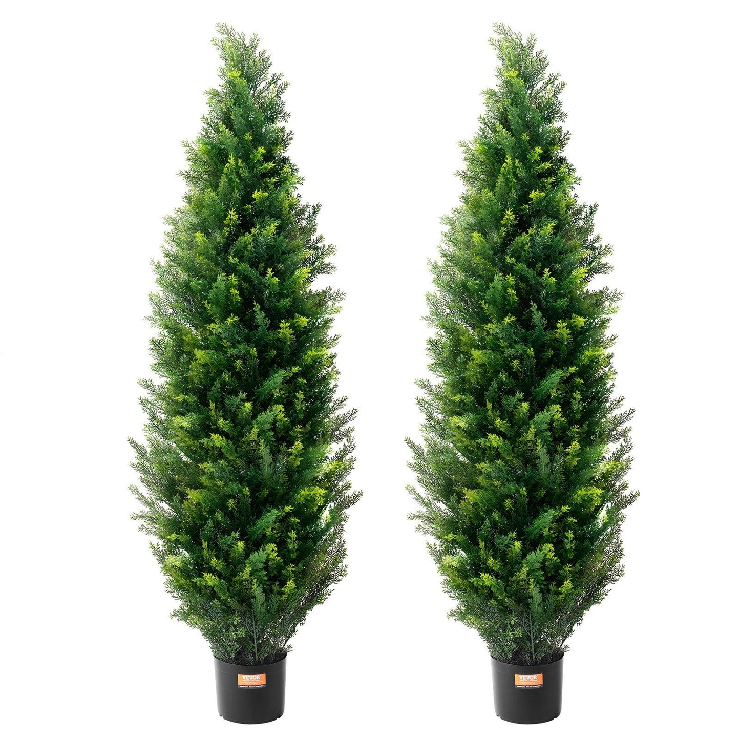 Two tall UV resistant faux plants outdoor in black pots with dense green foliage for garden decor
