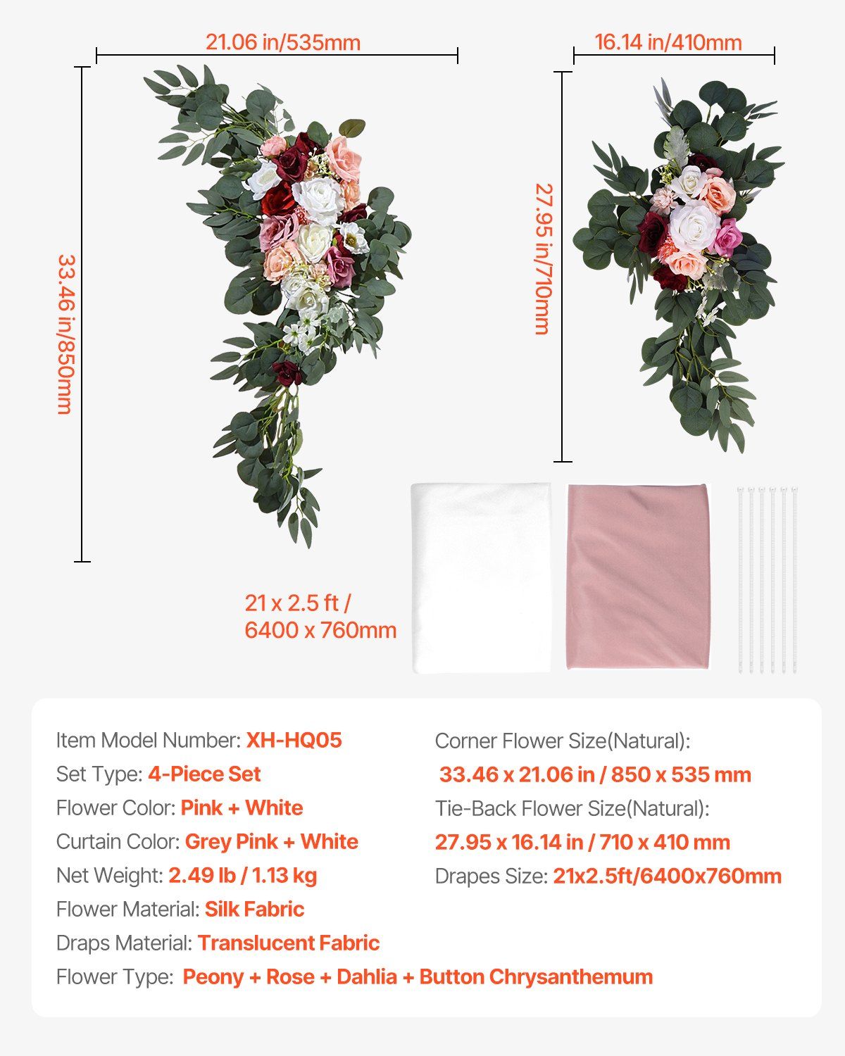 Artificial wedding arch flowers kit with peony rose dahlia and chrysanthemum flowers in pink and white colors with translucent fabric drapes