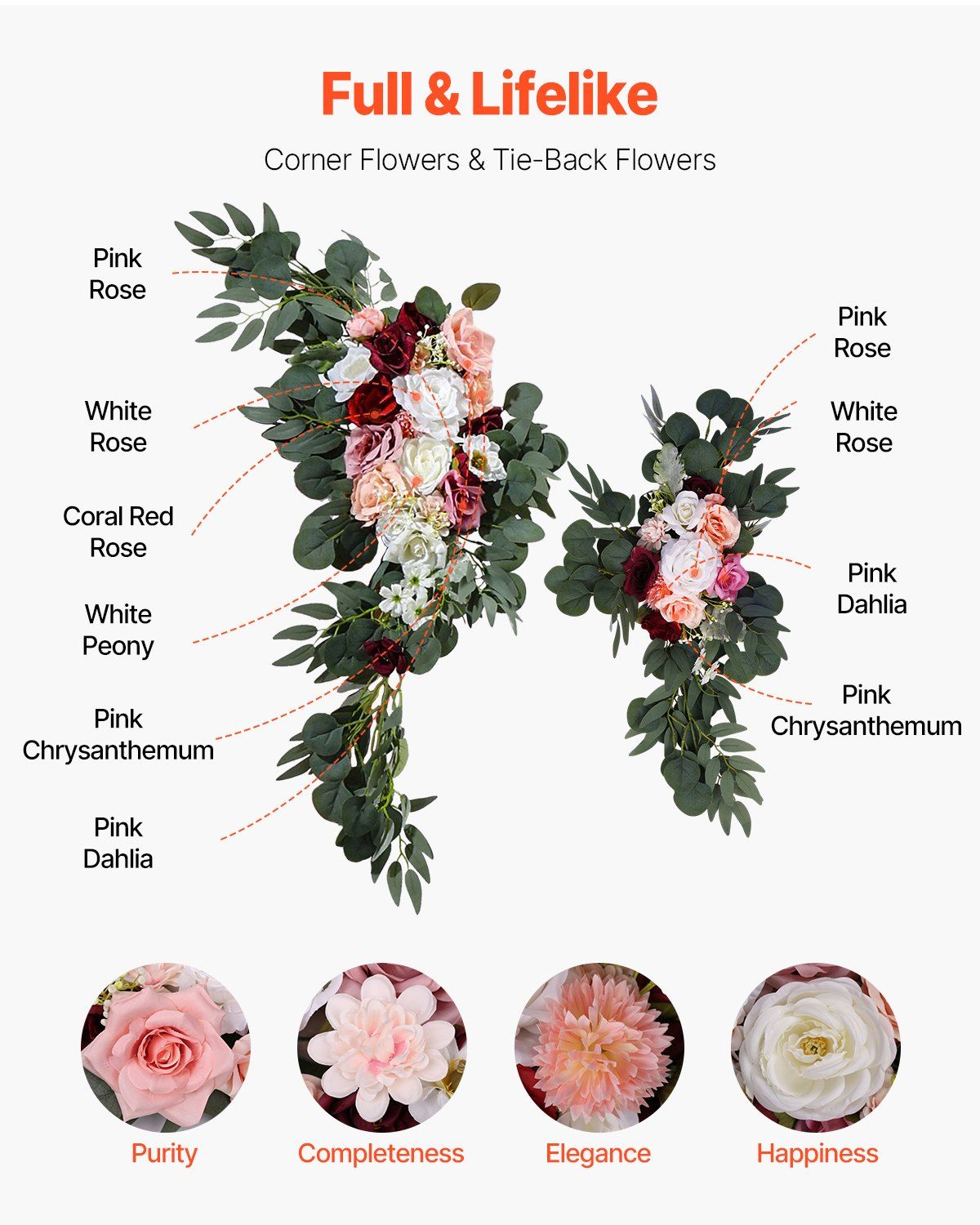 Artificial wedding arch flowers kit with pink rose white rose coral red rose and pink chrysanthemum